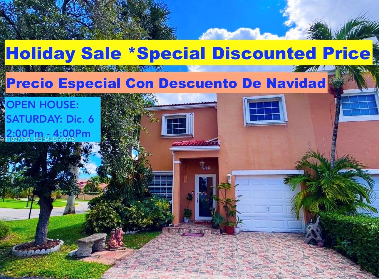 For a Limited Time, This is Your Holiday and Thanksgiving Special Discounted Price for your new home! 
This spacious corner townhouse offers 3 bedrooms and 3 beautifully renovated bathrooms, featuring an updated kitchen with granite countertops, modern cabinetry, and stainless steel appliances.
Enjoy 1,725 sq. ft. of living space under A/C, with laminate flooring on the first floor and wood floors on the second level. PARKING: one-car garage plus two additional driveway parking spaces. 
Fenced & Comfortable Relaxing Patio.  
**Community Amenities: Residents have access to a fully equipped fitness center, tennis courts, swimming pool, sauna, party room, patrolling security & City Park
**Prime centrally location near top-rated schools, just minutes from Dolphin Mall, supermarkets, restaurants, and major shopping destinations.
**This townhouse is ready for you.