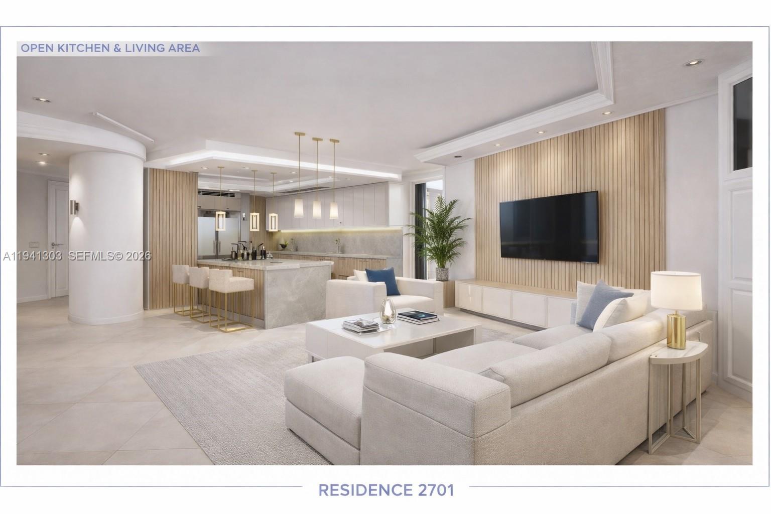A rare duplex in the sky, this extraordinary residence offers dramatic scale, refined design, and breathtaking direct ocean and Intracoastal views from every level. Featuring 3 bedrooms, 4.5 bathrooms, plus a staff suite, this home is thoughtfully designed for both grand entertaining and everyday living. A striking glass staircase connects the two levels, creating an architectural statement while preserving light and flow. The expansive open-concept living area showcases a state-of-the-art open kitchen with waterfall countertops, premium appliances, and seamless integration into the dining and living spaces—framed by floor-to-ceiling glass and endless water vistas.
Elegant 4’ x 4’ rectified porcelain white marble flooring runs throughout, complemented by custom dropped ceiling soffitry, integrated LED lighting, and refined modern finishes. The residence offers exceptional functionality with a dedicated wine storage room, full laundry room, generous closet and storage space, and a private staff bedroom. Williams Island lifestyle, featuring world-class amenities including  14 TENNIS COURTS, 4 PICKLE BALL COURTS, 2 PADEL COURTS, 3 RESTAURANTS, STATE OF THE ART SPA, MARINA, WALK/JOG PATH, KIDS PLAYGROUND, BASKETBALL COURT, SOCCER FIELD, PUTTING GREEN, COURTESY BUS, PLUS GOURMET SUNDRY COFFEE/GELATO SHOP. A truly unique opportunity to own a sophisticated sky residence with architectural presence, panoramic views, and resort-style living. Pictures are artist renderings and staged