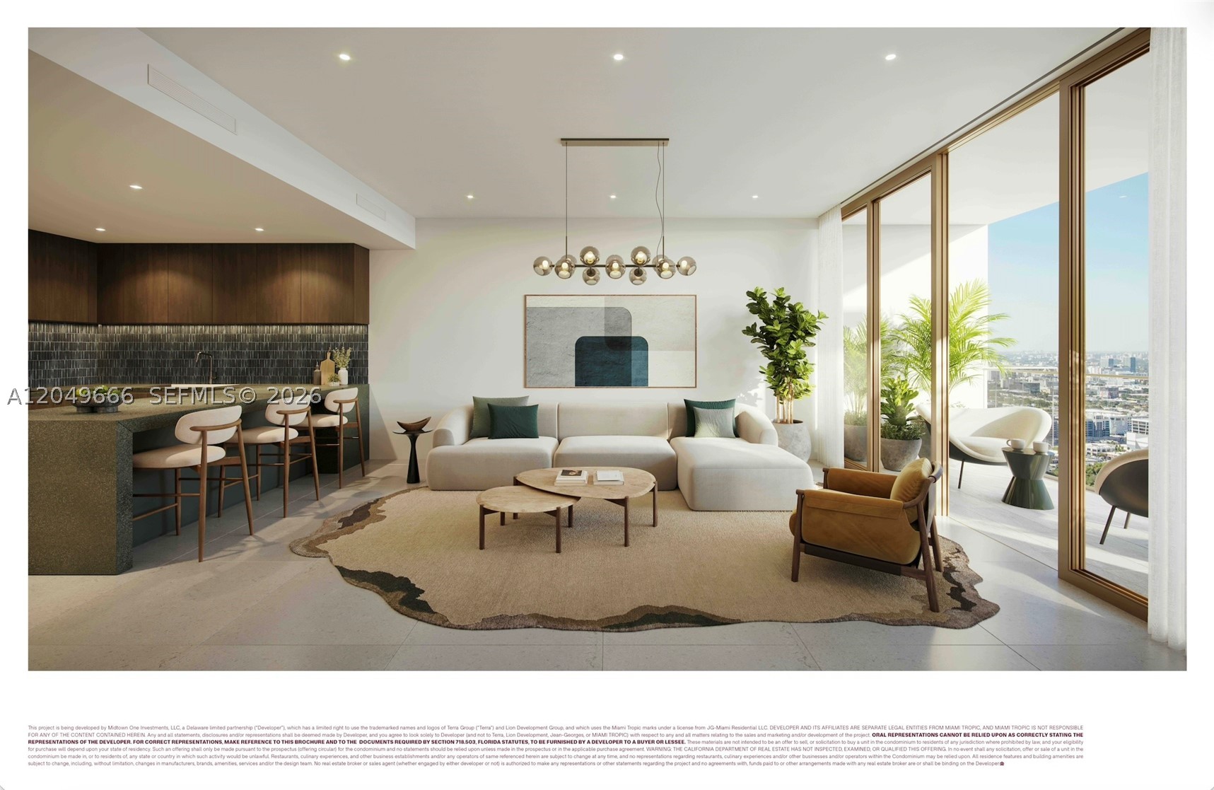 Perfect 1-bed/1.5-bath residence featuring a deep 9'6" terrace with breathtaking sunset views, soaring 10-foot ceilings, and private elevator access. The Jean-Georges-designed kitchen is equipped with a full suite of Gaggenau appliances, including rare gas cooking. Interiors are thoughtfully curated by Yabu Pushelberg with a sophisticated selection of fine stones and wood finishes to choose from.
A collaboration between Multi Michelin-starred über-chef Jean-Georges Vongerichten and Terra Group and Lion Development, Miami Tropic will be a 49-story luxury condominium with 338 residences with 1-4 bedroom floor plans, immersed with foliage and inspired by the tropical Miami landscape. Residents will have private access to over 80,000 square feet of amenities on five floors, including a fully appointed wellness center offered by the Well, squash court, several pools, full-service poolside restaurant, spa with treatment rooms, hot and cold plunges, several coworking and entertainment spaces. 49th floor rooftop amenity level with an additional pool, private dining rooms, bar, and lounge.  29,000 square feet of ground-level retail will include the trilogy of Vongerichten’s ABC restaurants: Kitchen, Cocina and V.  
Located in the Midtown/Design District neighborhood, Miami’s most innovative neighborhood for fashion, design, art, architecture & dining. Estimated completion in Q1, 2029.