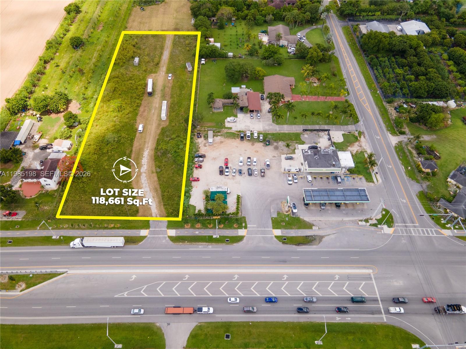 2.72 Acre. 118,661 sqft. Lot with 201' fronting Krome Ave.  65,344 sqft. of the 118,661 sqft. is Zoned BU-1, 53,317 remaining sqft. is presently Zoned  AU (To be Zoned BU-1).  Zoning opens the door to a wide range of business opportunities.  Thriving Retail Center or a full service restaurant.  This property is ready to meet any vision. Land is located next to a functioning gas station. Large scale residential construction coming soon. .996 Acre adjoining lot also for sale se MLS#A11985347