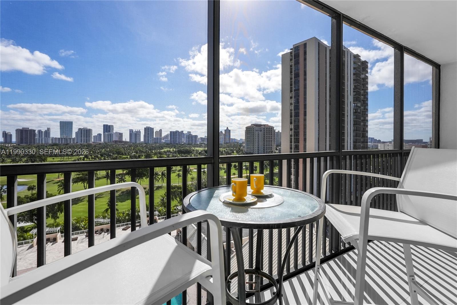 The most desirable and largest 2 bed 2 bath in the building, beautiful views from the balcony and all bedrooms and the living room. Recently renovated bathroom with a modern glass-enclosed shower, tile floors and a split-style floor plan allow natural light throughout the unit, Walk In Closet. Spacious balcony with amazing golf course views and city skyline views. Includes 1 assigned parking space in a covered garage and 1 storage unit. Just minutes to the beach, Aventura Shopping Mall, Turnberry Golf Course, Sunny Isles, US1, supermarkets, cafes and restaurants. Secured gated community with plenty of guest parking spaces. The building passed 40-year certification and features renovated halls, lobby and elevators. Amenities include fitness center, pool, sauna, jacuzzi, and 24-hour security