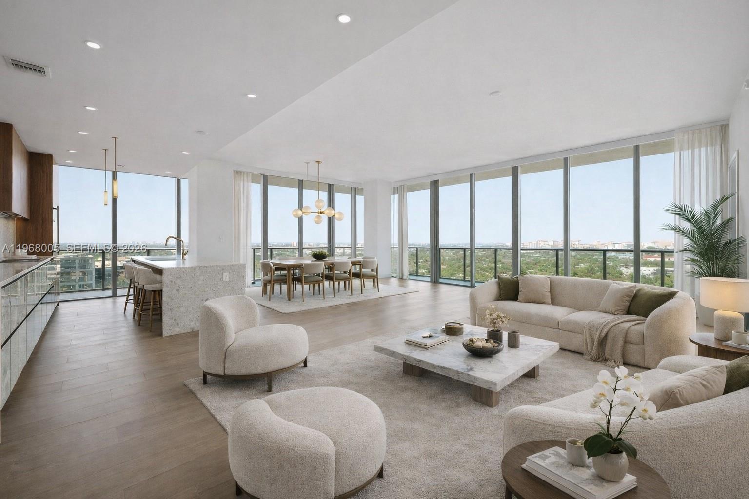 Stunning 3-bedroom, 3.5-bath corner residence at Mr. C Tigertail Residences Coconut Grove, featuring an expansive open floor plan with soaring 10-foot ceilings and dramatic floor-to-ceiling glass framing panoramic city, bay, and grove views. An enlarged private terrace seamlessly extends the living space, offering breathtaking sunsets and skyline views The designer kitchen is elegantly appointed with Italian cabinetry, terrazzo and quartz countertops, and premium Wolf & Sub-Zero appliances. Porcelain tile floors, solid-core wood doors, custom closets, and custom shades complete the home’s refined finishes.
Residents enjoy world-class amenities including a rooftop pool with bar and lounge, poolside service, garden-level lap pool with cabanas, state-of-the-art fitness center with yoga and Pilates studio, signature spa with sauna and steam rooms, business lounge with meeting rooms, library, and the Little C’s Playroom. Dedicated butler and concierge services deliver an exceptional level of hospitality and lifestyle, with convenient walking access to Coconut Grove’s finest dining and shopping.