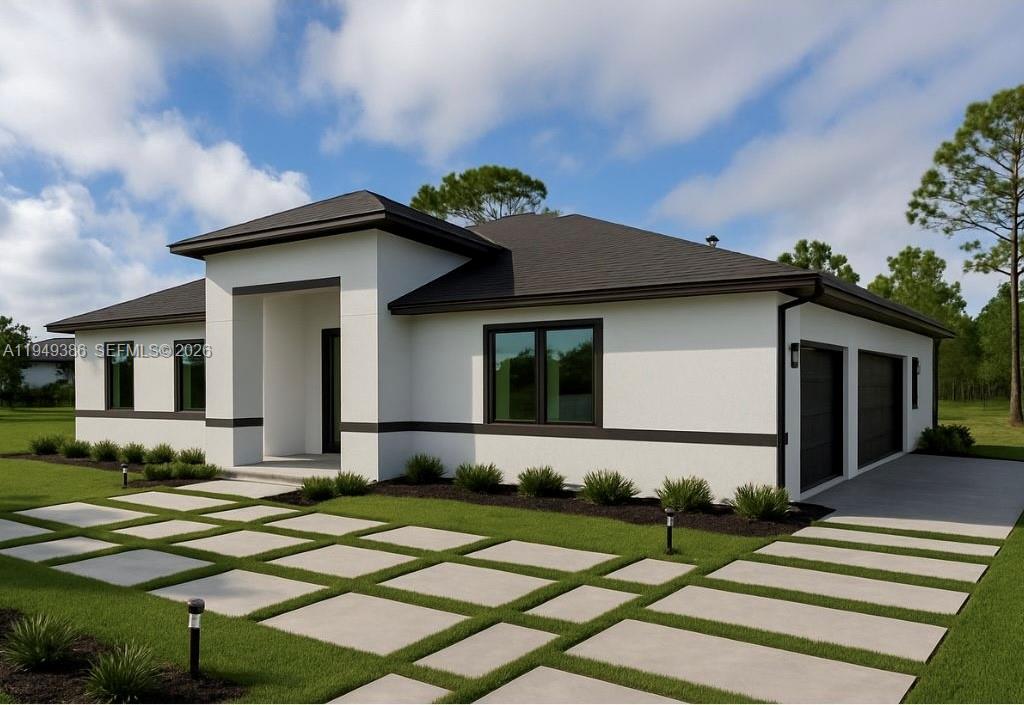 *Under Construction* Experience REFINED, New Construction situated on 2+ acres of privacy & possibility. This clean, sleek residence showcases a bright open-concept layout with soaring ceilings, natural light, & elegant marble flooring throughout. Impact windows flood the home. With an open flow kitchen featuring stainless steel appliances, modern cabinetry, and an expansive island ideal for entertaining and everyday living. A welcoming foyer sets the tone upon entry, leading seamlessly into generous living & dining spaces. The primary suite offers a serene retreat with spa-inspired finishes, including a double-sink vanity, waterfall shower system, a standalone soaking tub & side-by-side walk-in closets. Additional bedrooms provide flexibility for guests, office, or family needs. Enjoy outdoor living potential with a covered lanai and a turf paver driveway leading to a spacious 2-car garage. Designed with comfort, functionality, and timeless style, this home is ready to welcome its very first homeowner. Final finishes and exterior improvements in progress. AI-rendered images show completion. Settle down and make this home your own!