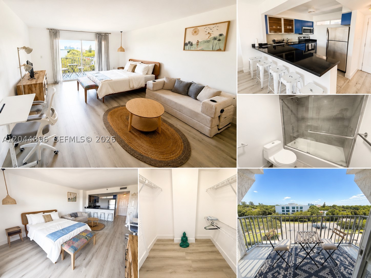 Live in the only studio currently available at Nirvana on the Bay, a tropical waterfront oasis in the heart of Miami's Historic MiMo District. Just steps from Legion Park, enjoy scenic bayfront walks, the popular Saturday farmers market, and an excellent selection of cafés, restaurants, and shops.
This spacious, fully furnished studio offers an open layout with a queen-size bed, a large kitchen counter with seating for four, abundant storage including a walk-in closet, and a private oversized balcony with beautiful city views.
Nirvana on the Bay features outstanding resort-style amenities, including an infinity-edge pool, lap pool, BBQ areas, hammocks, lush tropical landscaping, walking paths, a fully equipped fitness center with cardio and weight machines, steam room, and direct access to Biscayne Bay. Launch your kayak or paddleboard right from the property and enjoy the tranquility of waterfront living while remaining minutes from Midtown, the Design District, Wynwood, Miami Beach, and Downtown Miami. A rare opportunity to experience one of Miami's most desirable bay front communities.