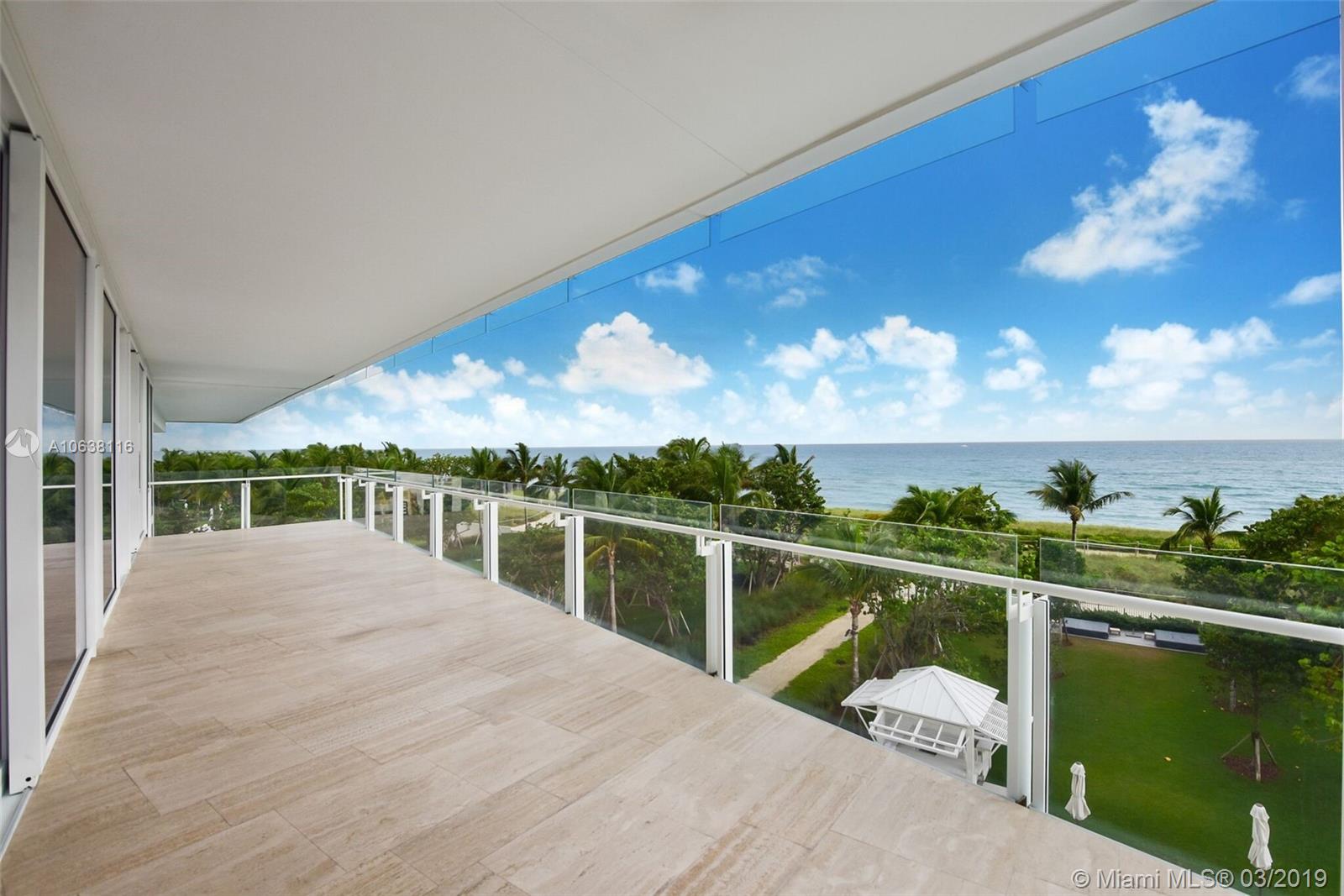 Enjoy FOUR SEASONS LIVING & EXPERIENCE THE ART OF HOSPITALITY in this spacious 4-bedroom split floor plan Ocean-front residence with breathtaking Ocean and city views. This brand new, never-lived-in residence features close to 5.004sf of total space. Features: Italian Travertine flooring throughout, custom-designed shade pockets, "lift & glide" terrace doors, Richard Meier&Boffi-designed kitchen cabinetry, Corian countertops w/seamless monolithic sinks, Sub-Zero&Miele integrated appliance package, 5 burner gas cooktop, level five wall finishes, laundry room,  den, maids room, dedicated service elevator, chilled water-air-conditioning system, multi-zone climate controlled system, bathrooms: Duravit & Dornbracht fixtures, freestanding tub, white marble floor & walls.