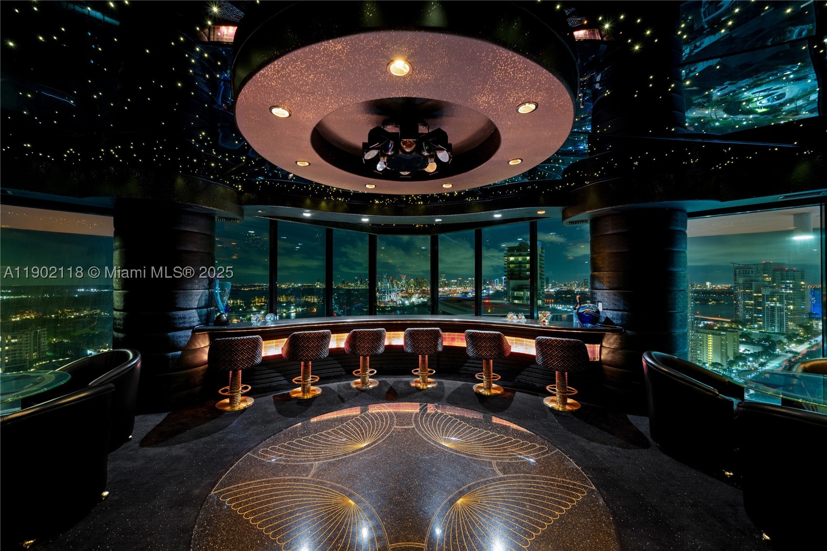 CASA DISCO IN THE SKY ~ HIGH-GLAMOUR ART DECO REVIVAL WITH WRAPAROUND UNOBSTRUCTED VIEWS OF THE CITY, OCEAN & BAY BY ARNOLD SCHULMAN AT THE NEWLY RENOVATED PORTOFINO TOWER IN SOUTH OF 5TH STREET NEIGHBORHOOD! 2-Story TH with Private Elevator Entry into 5,450 SF Interior Living Space + Terraces with 3 Bedrooms + 4 Baths + 2 Powder + a 600 SF Disco Room with Rolls-Royce inspired Starlight Ceiling & Direct Skyline views. Living area with Bar + Black Lacquer Media Room with Sunrise & Sunset views. Black Galaxy Granite flooring & Cloud-like Curved Ceilings. Primary Suite in Mirrors & Velvet with Oversized walk-in Wardrobes + Huge Primary Bath with double sinks, soak-in tub & shower. Office in Zebra Wood with en-suite Bath. Service Suite with full bath. 3 Parking + Storage Room + storage unit.