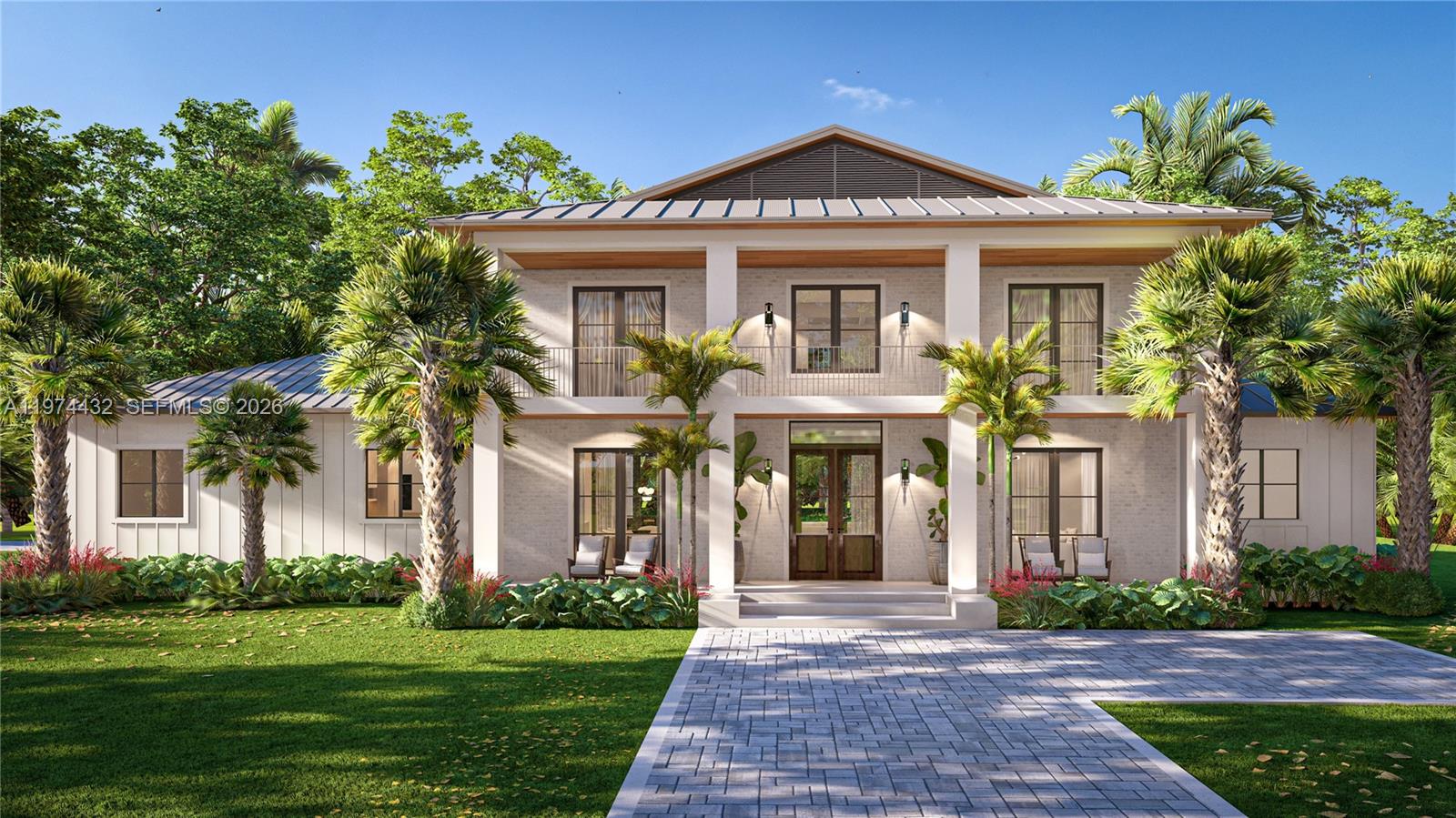 Stunning new construction Contemporary Tropical estate on a sprawling 31,276 SF corner lot in coveted Sun Grove Estates—ideally nestled between Pinecrest, The Falls, and Killian. Showcasing an impressive double-column façade, a metal pitched roof, and expansive covered balconies, this architectural masterpiece features 6 BR, 6 BA, an upstairs den, and 6,955 total SF of refined living space. Inside, black-framed French doors and windows flood the open floor plan with light, highlighting soaring wood-paneled ceilings, and a striking wood-and-glass staircase. The sleek chef’s kitchen boasts custom cabinetry, top-tier stainless steel appliances, and a massive waterfall island. Designed for multi-generational living, the ground level includes a guest suite and separate staff quarters. Upstairs, the ultra-luxurious primary retreat offers a sitting area, private pool-view terrace, and a spa-inspired bath with a Roman tub and frameless glass shower. Seamless indoor-outdoor flow leads to a resort-style oasis built for elevated entertaining, featuring deep covered patios, a premium summer kitchen, a heated pool and spa, and lush tropical landscaping. Equipped with smart-home automation/full generator readiness, and premium finishes at every turn, this estate represents a rare opportunity to own a bespoke, turnkey tropical sanctuary in one of South Miami's premier enclaves.