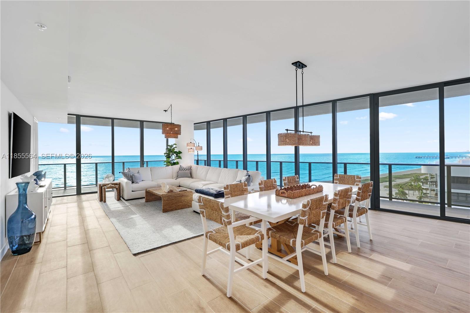 Introducing a truly exceptional 4-bedroom, 4.5-bathroom southeast corner unit on the 8th floor at Casamar, Pompano Beach's newest luxury residence. This remarkable home offers almost 4300 total sqft of sophisticated living space, including nearly 1300 sqft of exterior balcony space, designed for those who seek both elegance and comfort. From the moment you enter, be captivated by the panoramic ocean views through floor-to-ceiling glass. The seamless indoor-outdoor living experience extends to the spacious balconies, perfect for enjoying stunning sunrises and sunsets. Additionally, a west-facing den offers a versatile space bathed in the warm glow of afternoon light. The unit is equipped with two parking spaces, including 1 self-park and boasts 2 storage units for your convenience.