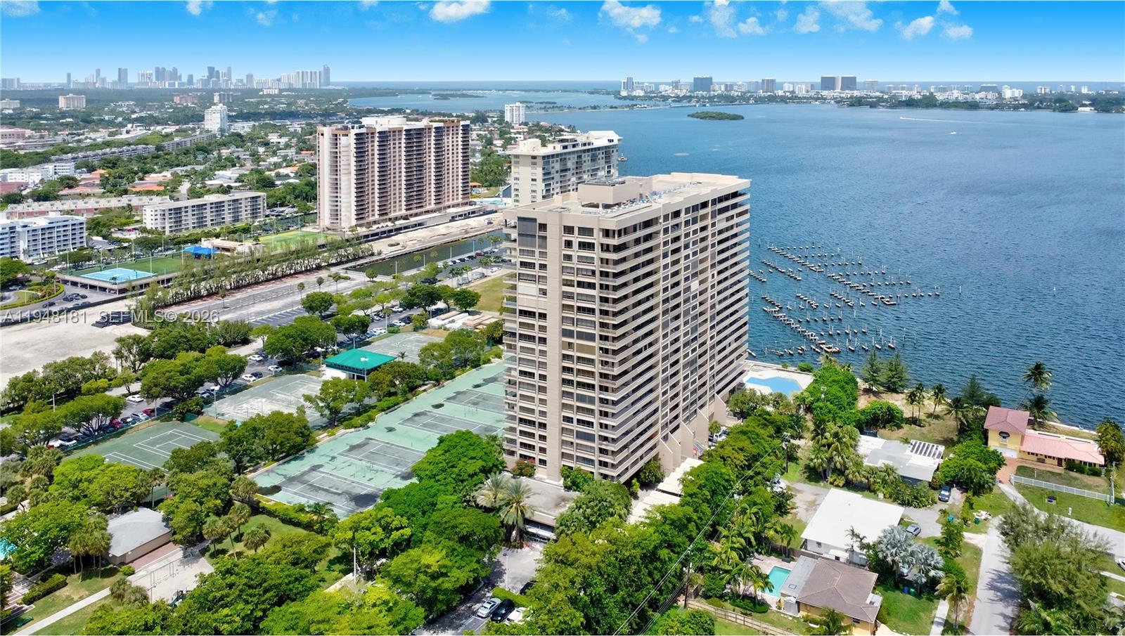 Fabulous Penthouse and guest quarters with breathtaking views of Biscayne Bay from every room! This unique property is two units combined - perfect for single family use or a pied-a-terre plus guest shome. Beautiful renovation with new bathrooms and new floor to ceiling impact windows.   The living / dining  area has 10' ceilings and a built in wet bar with ice maker and wine refrigerator.  European kitchen with breakfast area and terrace overlooking the bay. The main en-suite bath has a steam shower and custome his/hers closets.  The "guest quarters" include a large living area with new wood floors, new kitchen and large terrace.  This bedroom has 2 walk in closets and a large bathroom with separate shower and tub.   The building is being totally renovated  with redecorated lobby , hallways, updated fitness center, entertainment room, pool and marina.
Ideal location with easy access to shopping, dining, Miami Beach, Downtown and airport.
No current assesments.