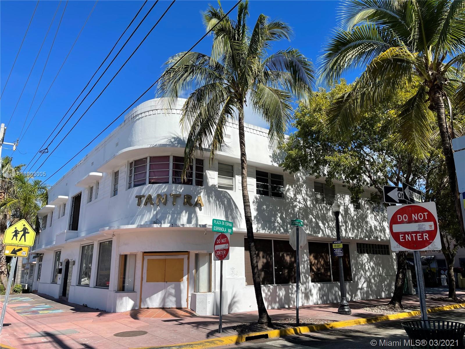 The legendary Tantra Building is now for sale.  Tantra one of Miami Beach's most successful restaurant and lounge. The chic establishment operated 1997 to 2017.  The corner Property is located on historic Espanola Way and Pennsylvania Ave., in Miami Beach. 8 apartments located on the 2nd floor. The apartments can be rented daily or longer. Ground floor ceiling height is approximately 11', the corner location allows for great exposure, large windows bring in light making this a perfect location for a restaurant or upscale retail. Miami Beach is one of the most sought after locations in world and should continue as such into the future. Miami Beach is experiencing growth with more people working remotely and as a no income tax state. This all makes The Tantra Building a perfect investment.