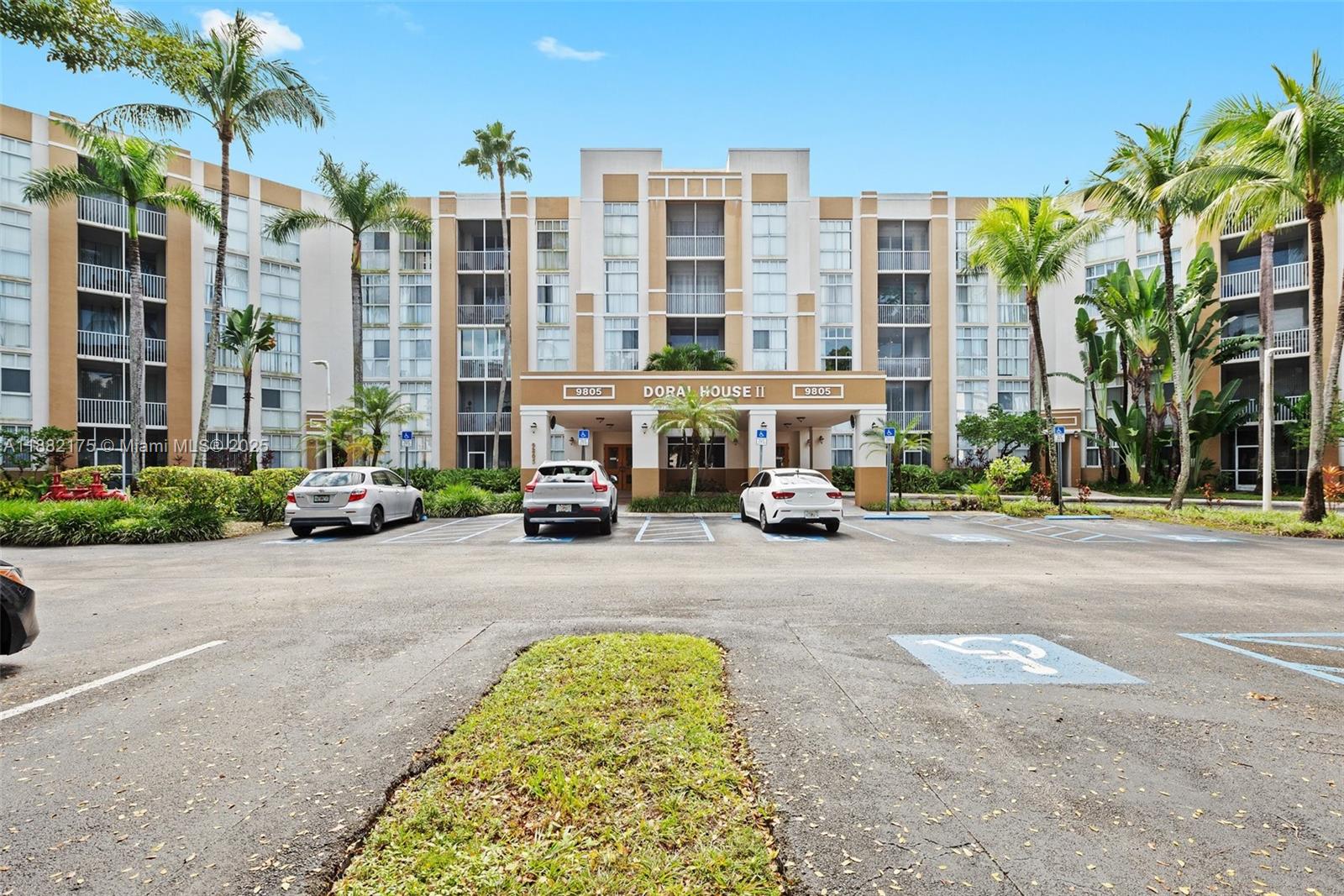 Beautifully maintained 3-bedroom, 2-bathroom corner unit located in the highly desirable and secure community of Doral House #2. This spacious residence offers 1,230 sq. ft. of living space and an extraordinary terrace, perfect for entertaining. The master bedroom includes a large en-suite bathroom and two closets, while the additional bedrooms are conveniently situated on the opposite side, ensuring privacy. Recent upgrades include brand-new appliances, an AC unit replaced in October 2024, an in-unit washer and dryer, and a tankless water heater.The community offers a clubhouse with pool and gym, bike storage, and access to two additional pools nearby.The building has been recently renovated with a new roof, fresh exterior paint, modern elevators, and upgraded security cameras throughout.