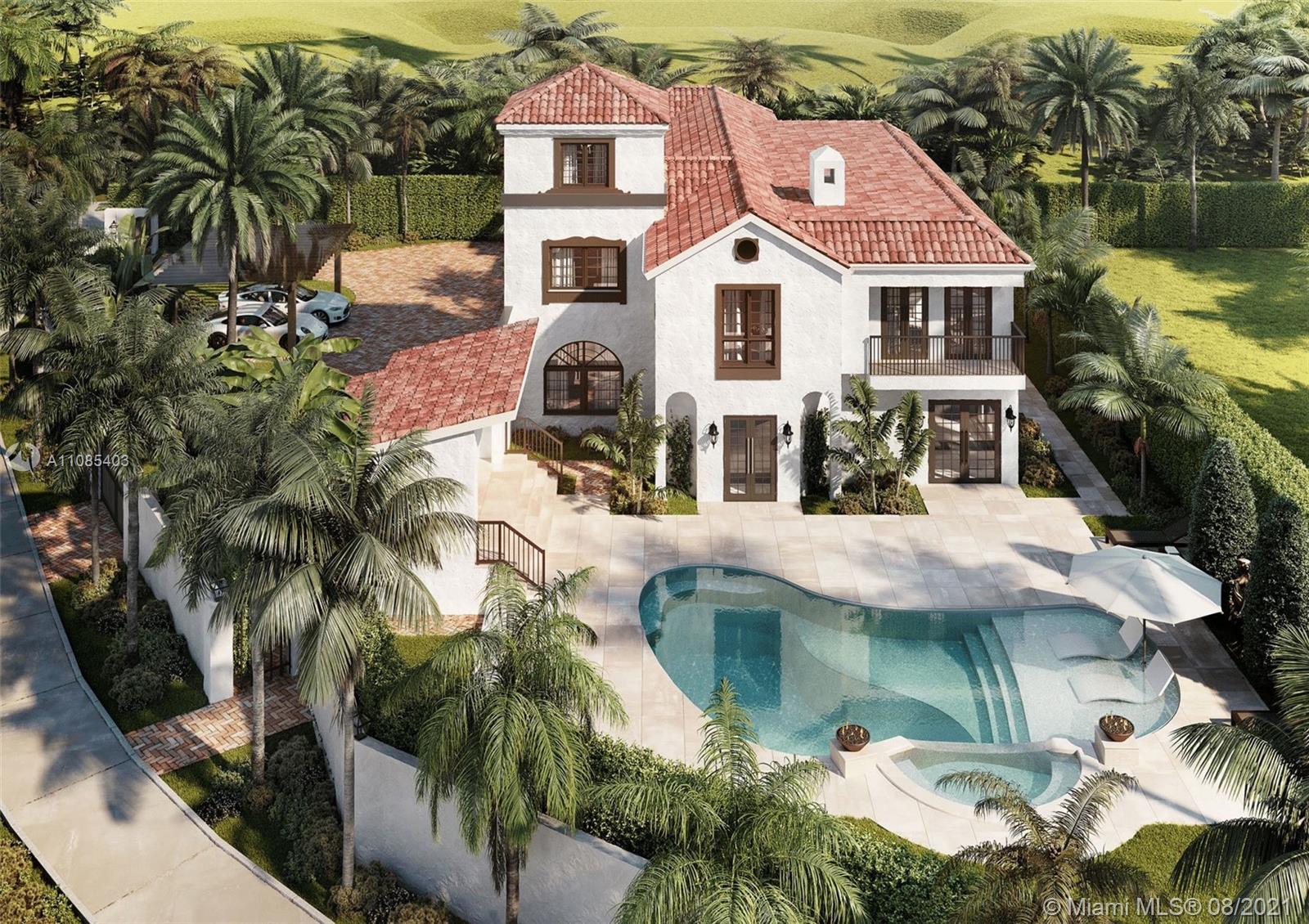 New, 5,000 sq.ft 5 Bed 6.5 Bath. Situated on the grandest lot in Mid-Beach, this 3-story home was originally built in 1925 by Carl Fisher, who selected its 12,600 pie-shaped parcel for its unique location; directly on the Miami Beach Golf Course and overlooking Par-3 Park. This contemporary Mediterranean consists of almost entirely new construction while preserving the prominent façade and character of the original home. Ideal layout of 4 beds up, with en-suite baths. Expansive master suite enjoys golf course & skyline views. A huge great room opens to pool area & cabana. Formal paneled study, chef’s kitchen, & separate guest suite tucked away complete the main level. Large semi-circular driveway + 1 car garage provide for excellent parking. Mid 2022 completion & chance to pick finishes.