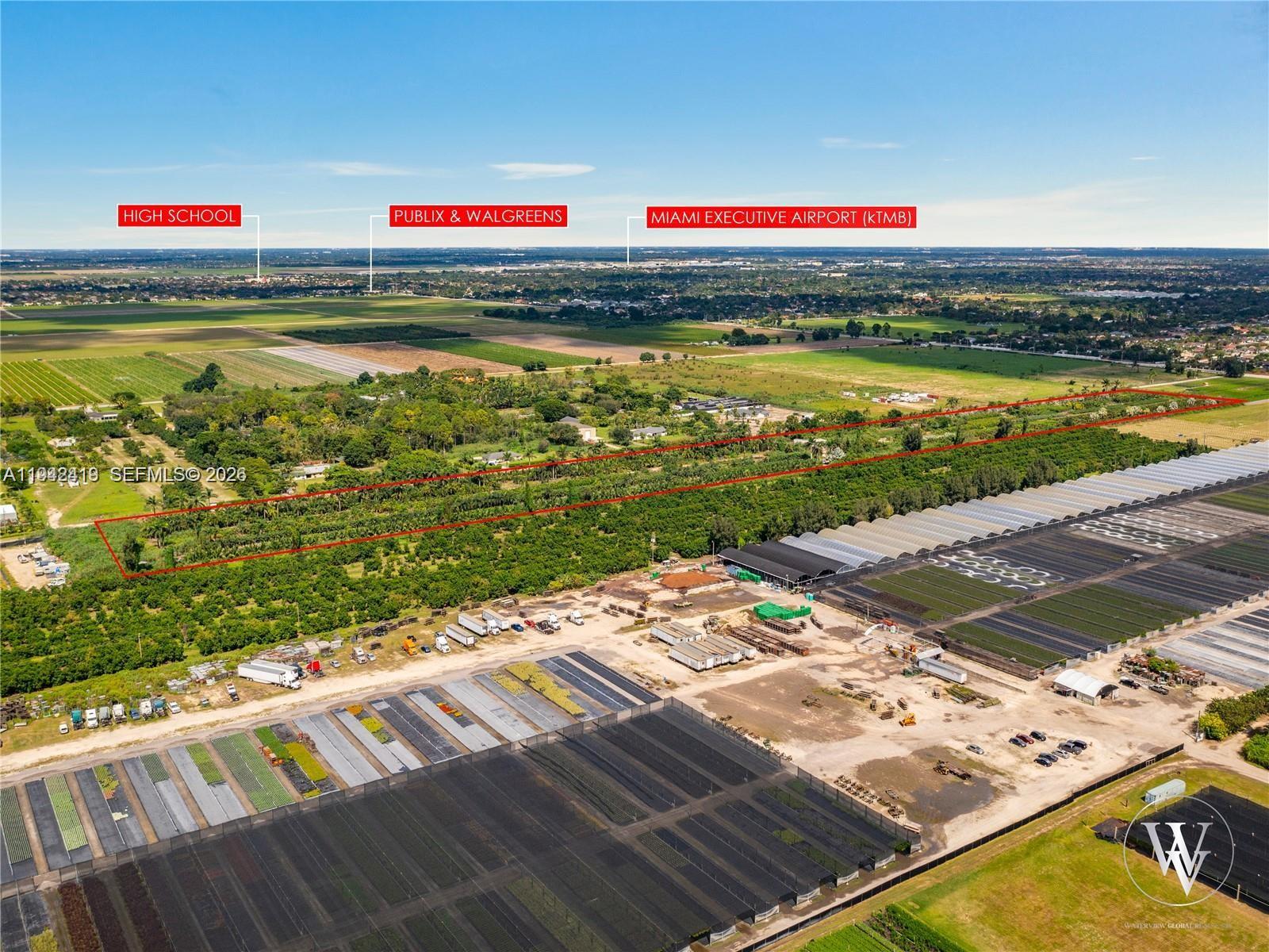 Land opportunity 20 acres at Miami, income nursery, large inventory, great location, easy access to main highways, 5.2miles to Kendall-Tamiami Executive Airport property is higher than most soil level elevation, in the last 20 years was spread 20,000 cubic yards of soil, with large irrigation pumps, and 3 big diesel engines. Also the area is under city review for rezoning to residential, land opportunity for future development, the site location is steps from Main Street,that across is residential area, with community gate residential homes, close to schools, next to Publix supermarket, Walgreens pharmacy,TD Bank. Price includes Inventory, business 30 years in the market.