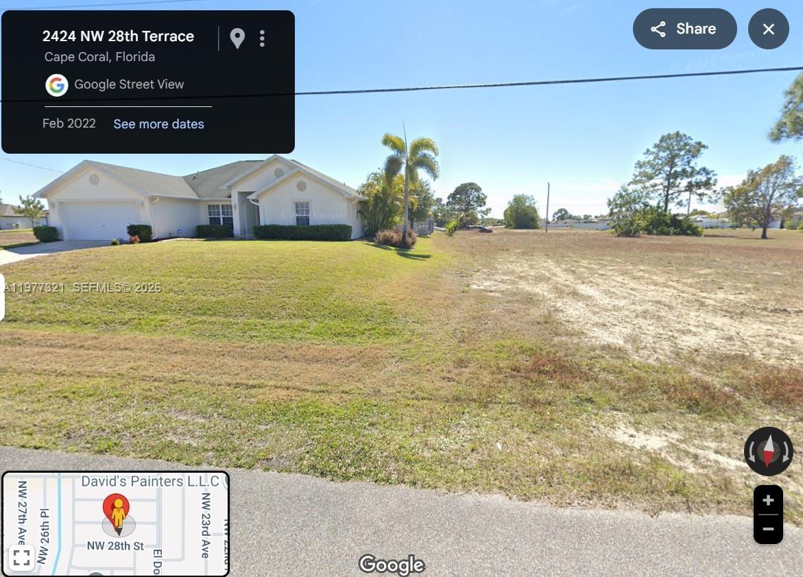 Build your dream home in this lot located in the growing area 10,000 SF LOT IN CAPE CORAL 29500 Properties a grow of 28% since 2010. lot as frontage 8 ft Depth: 125 ft . ideally situated on the Southwest Florida coast Cape Coral is highly regarded for its quality of life. Offering an average of 266 days of sunshine annuality with a low cost  of living and no state income tax. Cape Coral present an excellent opportunity for both residential and business development . Don't miss opportunity to create your custom dreams home. The correct address is 2424 NW 28 LN.