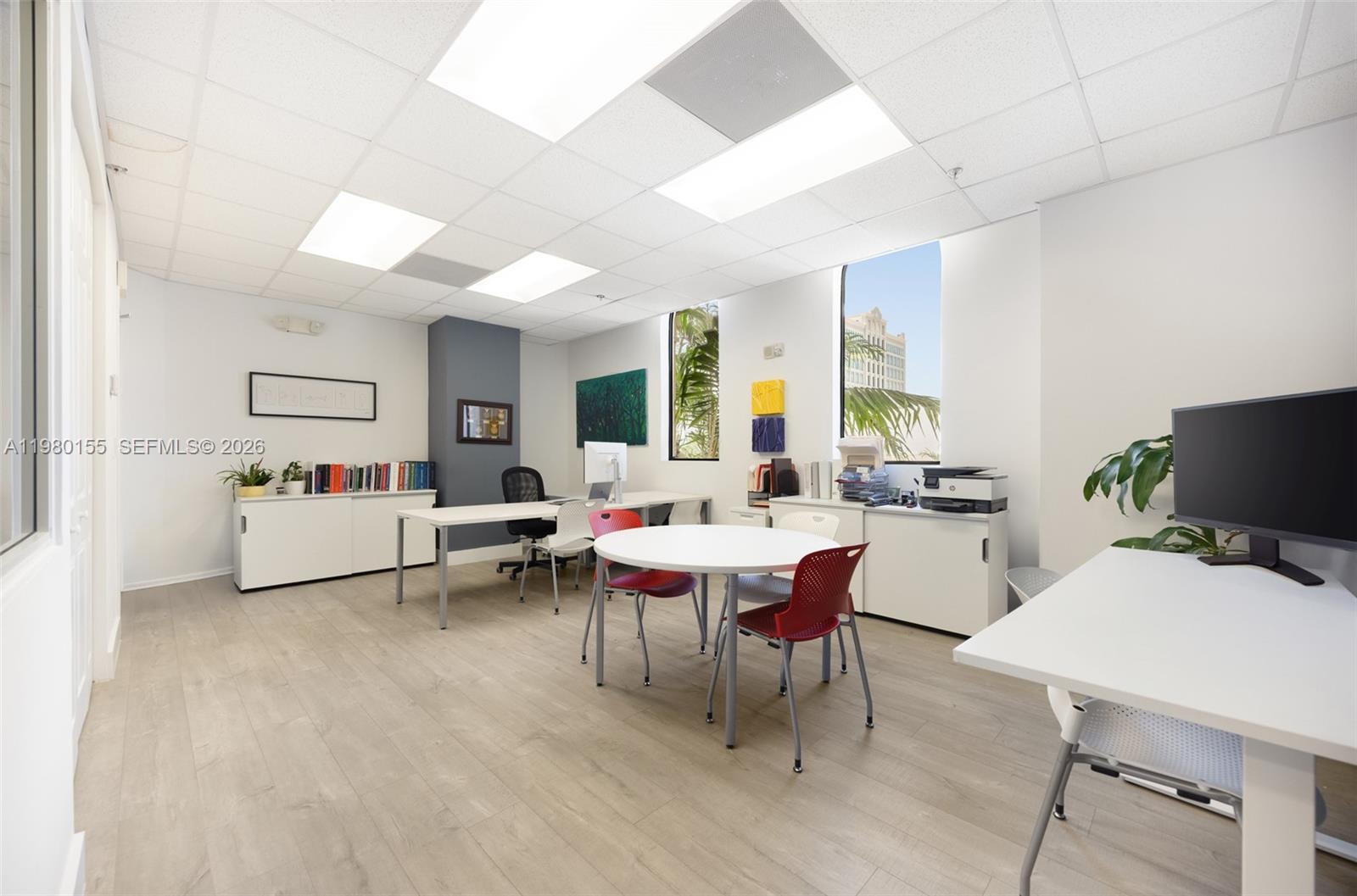An outstanding opportunity to acquire a 444 sq. ft. office in one of Coral Gables’ premier office condominiums.
Designed with modern finishes and filled with natural light, this space provides the perfect environment for
professionals seeking a prime business address. A deeded parking space conveniently located on the same floor
offers direct access without the need for elevators. Surrounded by top dining, shopping, and transportation
options, this property places your business at the center of Coral Gables’ thriving commercial district.