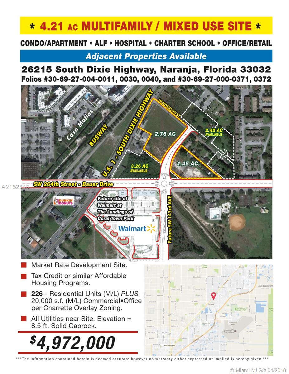 4.21 ACRES NARANJA CHARRETTE C.U.C.=RETAIL - ALF - 226 UNITS CONDO APARTMENT - HOSPITAL - CHARTER SCHOOL INSTITUTIONAL***EB-5 ELIGIBLE-SEE ATTACHMENTS