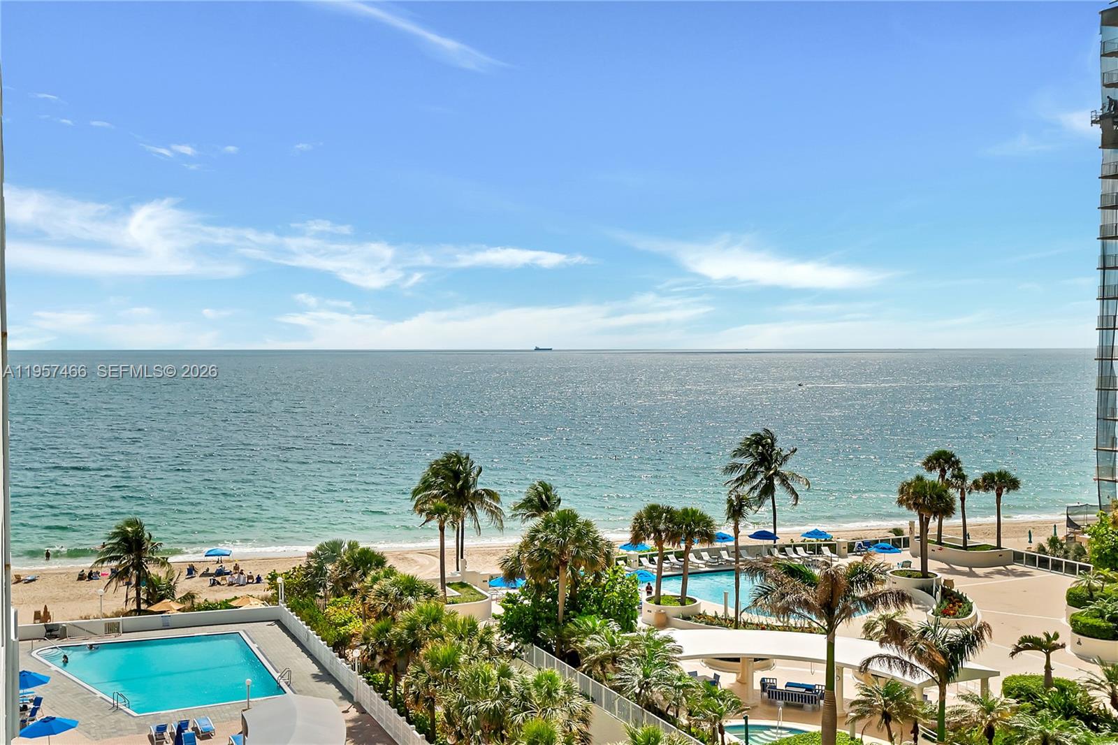 Impeccably appointed one bedroom condo on the Ocean! Enjoy ocean and city views from the open balcony. Spacious kitchen featuring dark wood and glass cabinets complemented by sleek steel appliances and generous granite countertops. Comfortable living/dining area with convenient half bath for visitors. Large master suite with private bathroom and walk in closet. Beautiful travertine and wood floors. Unit may be purchased fully furnished. Full-service building with doorman at Lobby, exercise room, activity room and relaxing oceanfront pool deck. Open space parking plus guest parking. Unit includes storage. Seize the opportunity to embrace waterfront living at its finest!!
