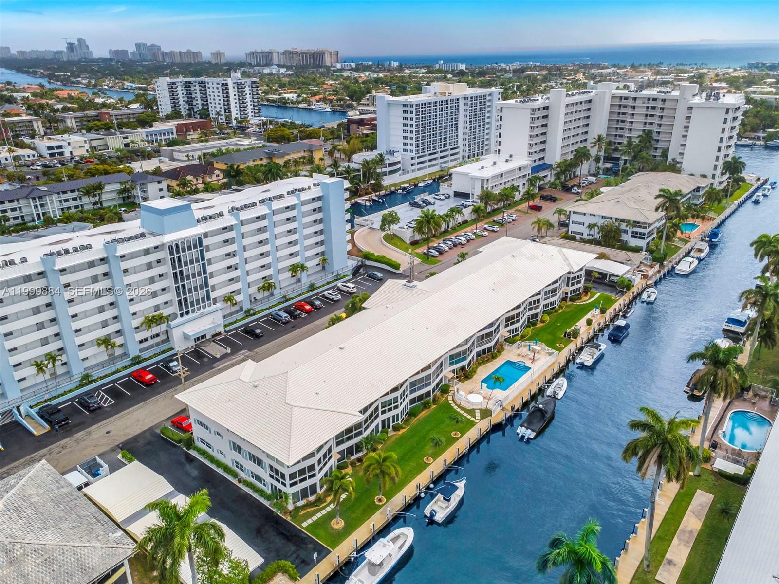 Boutique waterfront building in desirable Coral Ridge. Only 30 Units in the building and very well maintained. This unit is a large 1bed/1 1/2 Bath unit with an open floor plan, lots of windows, beautiful water views and is completely updated. Deep water dockage available and ocean access with no fixed bridges. Building has a newly renovated pool deck and is located right on the water for a beautiful view. Building has undergone extensive improvements, including updated dock, pool area, painting and concrete restoration. HOA fees are very reasonable.  Located minutes from the beach and Coral Ridge Country Club.