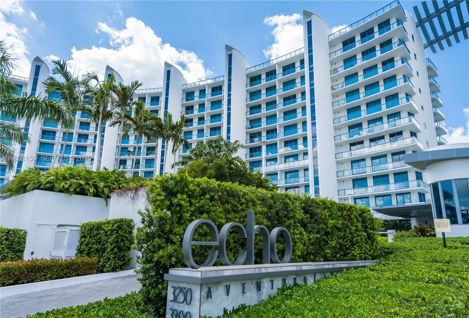 Welcome to the fabulous Echo Aventura. This 2-bedroom corner line has a huge living-room. LIVING AREA 2,240 SQFT. Beautiful View on the water, private elevator, gourmet open kitchen with top-of-the-line appliances, and an outdoor built in barbecue. 5 stars amenities, bay front pool, private access to beach club from “resort pass “, spa, massage room, complimentary coffee bar, gym, yoga studio, complimentary dog walking service, and a courtesy house car that will drive you anywhere in Aventura. Unit is in excellent condition! FOR SHOWING PLEASE SEE BROKERS REMARKS.