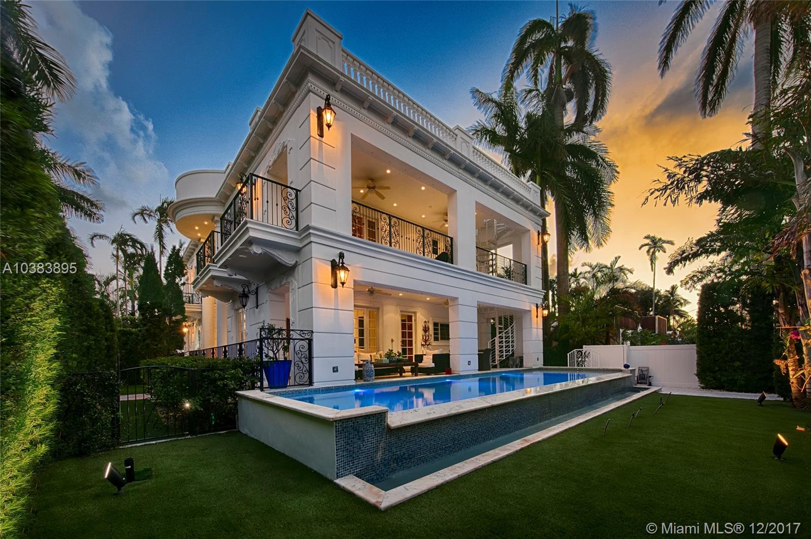 This stunning tri-level corner lot Belle Époque style residence on the Venetian Islands features 3,894 SF of impeccably designed interior space. Spacious living room w/soaring ceilings, private dining room, Carrara marble & Brazilian cherry wood floors & Venetian plaster walls, plus an elevator. Open gourmet kitchen sports top of the line appliances. Spacious 2nd floor master suite w/his/hers walk-in closets, & large private balcony that overlooks a beautiful infinity edge pool. Stunning master bath w/Onyx steam bath & spa Jacuzzi. An amazing 2,570 sqft rooftop terrace w/large Jacuzzi spa with waterfall, BBQ, bar/lounge areas & 360 degree views over the Venetian Islands, Biscayne Bay, and Downtown Miami complete this amazing home. Security Video/Audio Devices Operating on Premises.