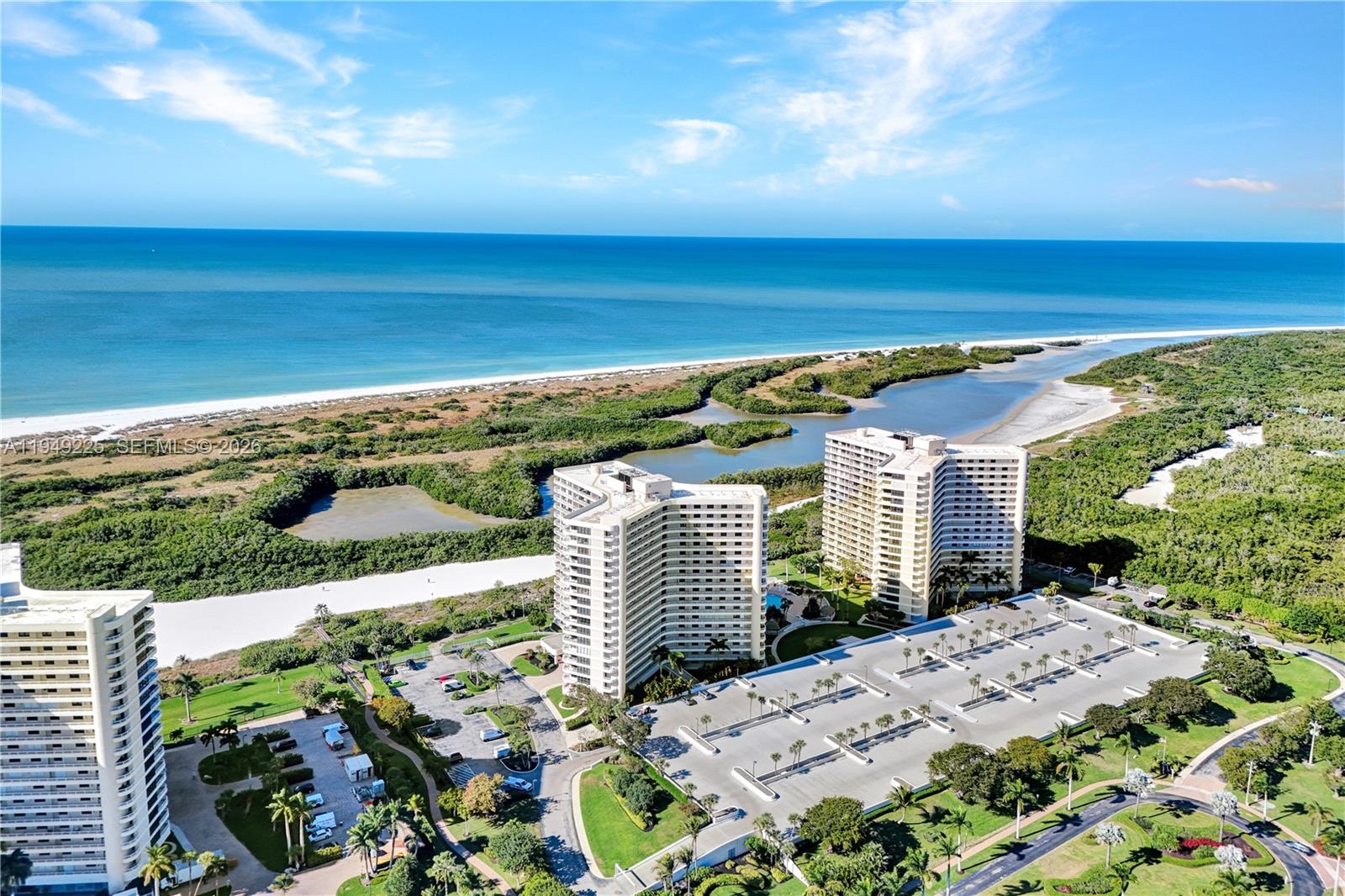 Welcome to coastal luxury at its finest in this exceptional 2-bedroom, 2-bath condo, perched on the 17th floor of a sought-after beachfront building that allows weekly rentals. Right now, this is the ONLY wing unit available, and this sky-home captivates with its sweeping panoramic views that stretch across the shimmering Gulf of Mexico and extend to the vibrant city skyline. An additional balcony offers a special vantage point where you can gaze up the beautiful coastline towards Naples!    This condo has been tastefully remodeled, featuring modern finishes and elegant furnishings, and is move-in ready. It comes fully furnished, allowing you to start enjoying your oceanfront oasis immediately. The complex is richly endowed with resort-style amenities that elevate everyday living. Enjoy direct beachfront access for sun-drenched days on the sand, or take advantage of the on-site marina for aquatic adventures. Stay active with your choice of tennis, pickleball, or bocce, and cool off in the inviting swimming pool. Whether you’re seeking a primary residence, a vacation sanctuary, or a lucrative investment property, this condo embodies the ultimate in coastal elegance and convenience. Don’t miss your chance to own a piece of paradise with unparalleled access to both natural beauty and beachfront leisure. South Seas is near restaurants and shopping and is just a short walk down the beach to The JW Marriott. Grab your piece of Marco Island and start living the Island Lifestyle!
