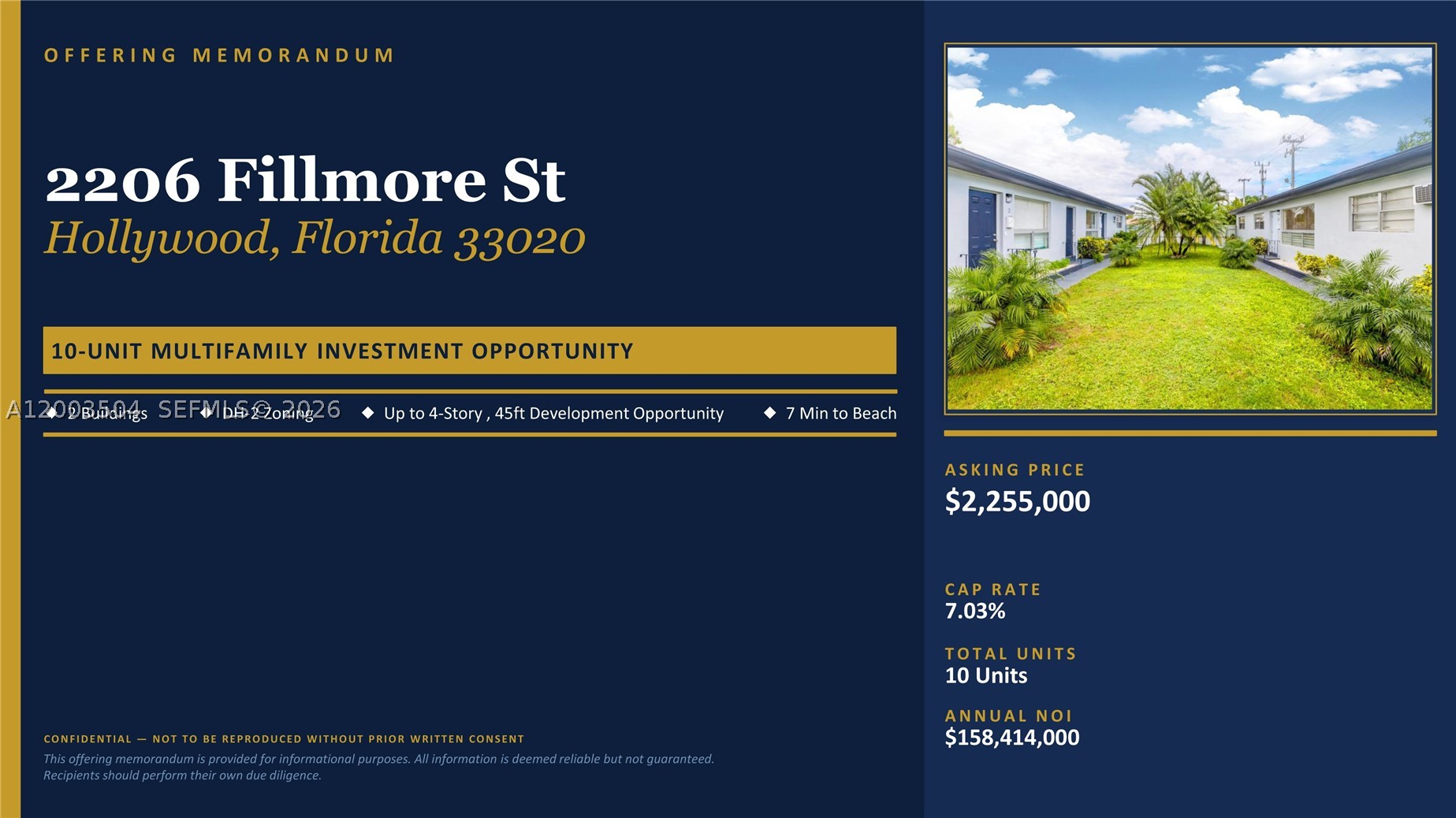 Rarely available 10-unit multifamily property in the heart of Hollywood, Florida — fully occupied, cash-flowing from day one, and priced extremely competitively. Comprising two well-maintained buildings totaling 7,445sq.ft. on a generous 20,060sq.ft. lot, this asset delivers immediate NOI of $158,414 annually, 7.03% Cap Rate and meaningful rent upside still on the table. The unit mix — seven 1BR/1BA, two 2BR/1BA and one 3BR/2BA — attracts a broad renter demographic, reducing vacancy risk across market cycles. Both buildings received a new roof and new wall AC units, dramatically reducing near-term capex exposure and making this a true turnkey acquisition. The location is exceptional. Situated just blocks from Downtown Hollywood's vibrant ArtsPark and restaurant corridor, and only 7 minutes from the award-winning Hollywood Beachfront Broadwalk, demand for rentals here is structural and persistent. Fort Lauderdale–Hollywood International Airport (FLL) is 15 minutes away, and easy I-95 access puts Miami in 25 minutes and Boca Raton in 30 minutes. Zoned DH-2, the site permits up to 4 stories and 45 feet in height — giving a future owner optionality to redevelop at higher density as Hollywood's Downtown corridor continues its rapid appreciation trajectory. Twenty stacked parking spaces are a premium differentiator in this urban submarket.  Virtual staging incorporated in the listing photos. For more information and to schedule a showing, please call today!