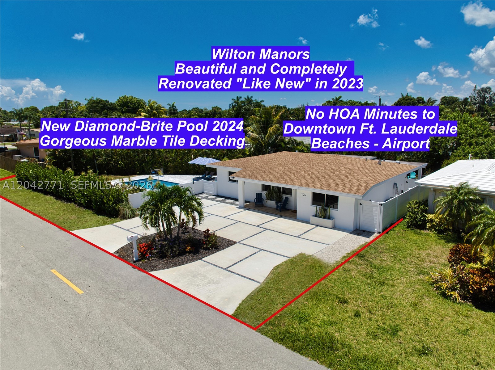 BEAUTIFUL COMPLETELY RENOVATED “LIKE NEW” 3BR/2BA CBS Block, Pool Home, located in lovely Wilton Manors. Complete Renovation in 2023 with Broward County Building Permits. New Diamond Brite Pool 12’x30’ in 2024 with low maintenance Salt Water system, no chlorine needed, and beautiful Marble Tile Pool Decking. New Roof in 2023. New in 2023 whole house Hurricane Impact Windows and Doors. New in 2023 underground PVC Plumbing Pipes throughout. New in 2023 Electrical Wiring and Service throughout 2023. New in 2023 Rheem High Efficiency Air Conditioning system, including new AC Ducts. New in 2023 Gorgeous White Porcelain Tile Flooring throughout. New Washer and Dryer, and a Tankless Water Heater in 2023. Beautiful New Kitchen in 2023 features Custom European Wood Sharker Cabinets, Custom Lighting, Quartz Countertops, Stainless Steel Appliances, Refrigerator, Stove, Microwave, and Dishwasher. Beautifully Renovated Master Bedroom and Master Bath in 2023. The 2 additional Bedrooms, and adjoining Bathroom, were also renovated in 2023. New in 2023 Interior Doors and Baseboards. New Custom Concrete and Stone Circular Driveway in 2024. New in 2024 White Vinyl Privacy Fencing. Home has a Vivint Home Protect Pro smart home system, combining security, energy, and smart home automation. Excellent location, Downtown Ft. Lauderdale in 10 minutes, Ft. Lauderdale Airport in 20 minutes, Beautiful Beaches in 10 minutes. Wilton Manors Paradise Awaits!