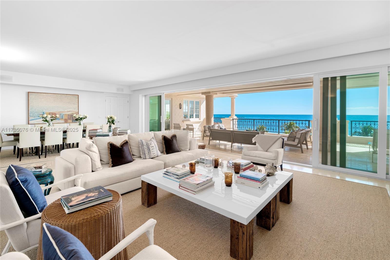This amazing sought-after center-stack Oceanside unit offers 4,590 SF of perfectly designed living space. The 3BR/3+1BA residence features marble floors, an open living & dining area with telescoping glass doors leading to the oceanside terrace, with amazing sunrise & water views, for a true indoor/outdoor experience. The open kitchen sports a granite center island, a separate breakfast area, & adjacent family room with a private ocean-view terrace. The spacious principal suite offers dual walk-in closets, Sisal carpeting, direct oceanside terrace access, and an elegant marble bath with dual sinks, a spa-style tub, & a rain shower. Two additional BRs feature en-suite baths, walk-in closets, front terrace access with golf course & downtown Miami sunset views. Includes two storage units.