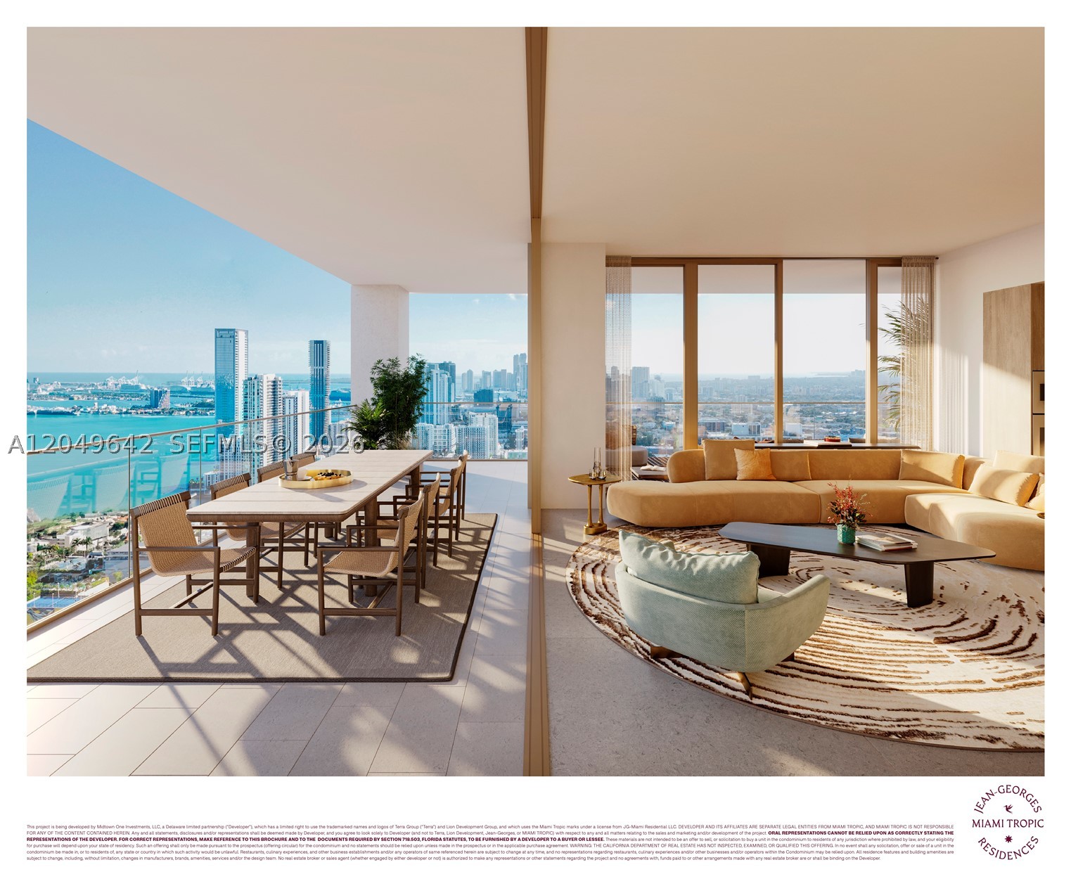This exceptional corner 3-bedroom, 3.5-bath residence features a spectacular wraparound terrace with an impressive 9'6" depth, offering views of Biscayne Bay. Interiors boast soaring 10-foot ceilings, private elevator access, and a Jean-Georges-designed kitchen appointed with a full suite of Gaggenau appliances, including gas cooking and a dedicated wine refrigerator. Thoughtfully curated by Yabu Pushelberg, the interiors showcase an elegant palette of premium stone and wood finishes.
A collaboration between Multi Michelin-starred über-chef Jean-Georges Vongerichten and Terra Group and Lion Development, Miami Tropic will be a 49-story luxury condominium with 338 residences with 1-4 bedroom floor plans, immersed with foliage and inspired by the tropical Miami landscape. Residents will have private access to over 80,000 square feet of amenities on five floors, including a fully appointed wellness center offered by the Well, squash court, several pools, full-service poolside restaurant, spa with treatment rooms, hot and cold plunges, several coworking and entertainment spaces. 49th floor rooftop amenity level with an additional pool, private dining rooms, bar, and lounge.  29,000 square feet of ground-level retail will include the trilogy of Vongerichten’s ABC restaurants: Kitchen, Cocina and V.  
Located in the Midtown/Design District neighborhood, Miami’s most innovative neighborhood for fashion, design, art, architecture & dining. Estimated completion in Q1, 2029.