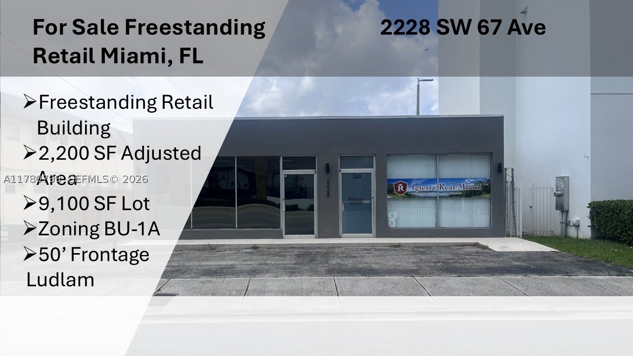 Back On The Market **For Sale: Freestanding Retail Property in Miami, FL** 

Excellent opportunity to own a freestanding retail property in a highly desirable Miami location. This property features 50 feet of frontage on Ludlam (67th Ave), offering strong visibility and accessibility.

Situated on the edge of West Miami and Coral Gables, the location provides steady traffic and a vibrant surrounding business environment. The 9,100 square foot lot includes ample parking both in the front and rear, ensuring convenience for customers and staff.

Ideal for a variety of small business uses, this property combines prime positioning with functional space—perfect for owner-users or investors seeking a strategic retail presence.

**Key Features:**

* 50 ft frontage on Ludlam (SW 67th Ave)
* BU-1A Zoning
* 9,100 SF lot
* Freestanding building
* Ample front and rear parking
* Prime location near West Miami & Coral Gables
* Suitable for a wide range of small businesses

Don’t miss this opportunity to establish your business in one of Miami’s most sought-after corridors.