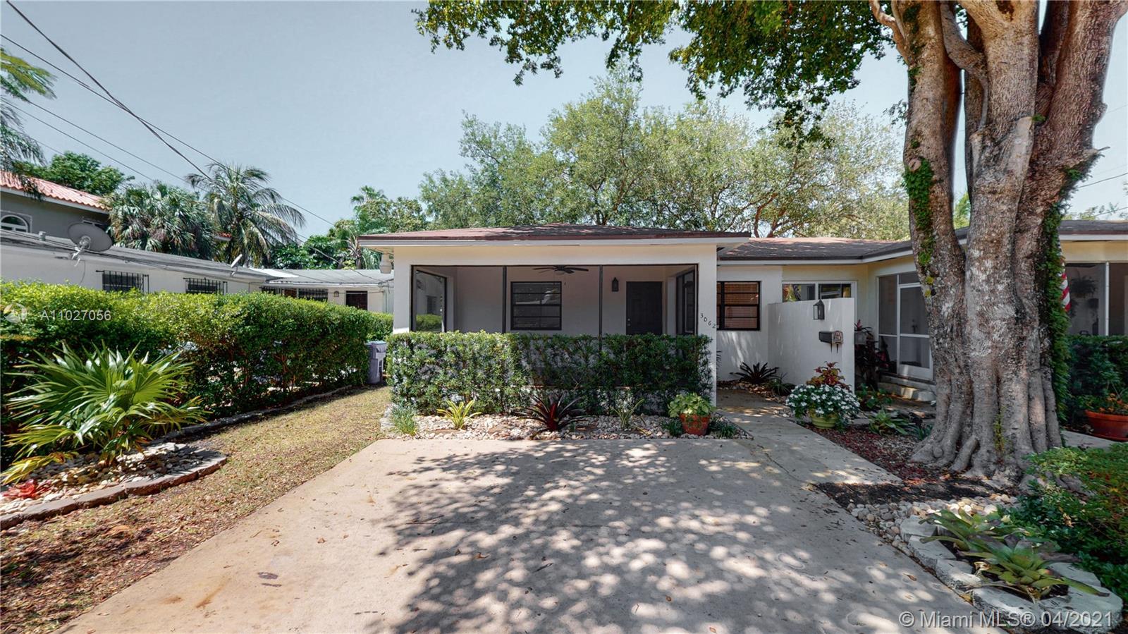 Totally remodeled! Bright 2/1 Duplex in Center Coconut Grove w/2 parking spaces & back yard nicely landscaped. Hard wood floors, 2 large bedrooms and 1 bathroom with tub/ shower combination. Central AC, nice kitchen with white cabinets and granite countertop, stainless steel appliances. Screened front porch and back porch open to a large, shaded yard professionally landscaped. Large shed storage. Washer and Dryer, window blinds, your well-behaved pets are welcome. Super location, near everything the Grove has to offer. Dining and shopping, sports venues, dog park, marina are all within easy reach.