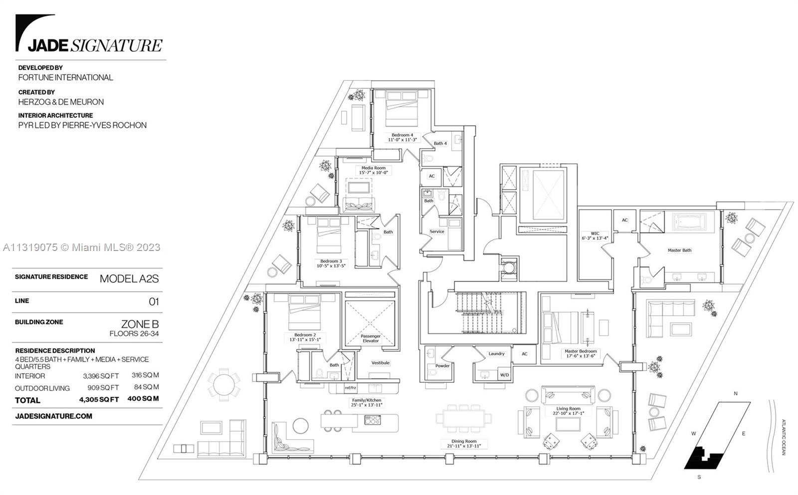 3,396 soft living area plus 909 sqft outdoor, total 4,305 square feet. The unit is being offered fully professionally decorated and furnished. 5 bedrooms + maid’s Quarters with stunning marble floors, automated curtains, finished closets. Balcony on each and every room.Designed by renowned architect, Herzog and de Meuron, Jade Signature is a work of art. Understated elegance in this move-in ready, never-lived-in residence at Sunny Isles’ most desirable building. The unit has a a private elevator entry, luxurious white marble floors, smart-home technology, exquisite designer cabinetry & appliances, stone countertops & fully built out closets. Qualified buyers only.