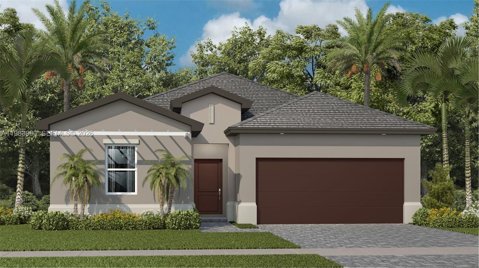 This single-story design features impact-resistant windows and a formal dining room at the end of the foyer, followed by a breezy open floorplan shared between the Great Room and kitchen that works to maximize the footprint of the interior. At the front of the home are three secondary bedrooms with easy access to a full-sized bathroom, while tucked away in a private corner is the serene owner’s suite.
Prices and features may vary and are subject to change