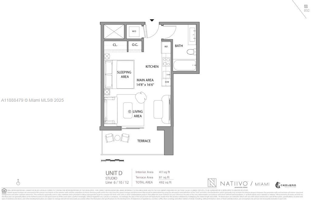 This is a furnished studio condo (0 bedrooms, 1 bath) located at 159 NE 6th St #3412, Miami, FL 33132 (Natiivo Condo #3412), listed at $2,650/month. The unit is situated on the 34th floor, offers intracoastal water views, and includes valet parking, elevator access, and secure key/card entry with a staffed lobby. The building features amenities such as community pool and clubhouse, and pets are allowed (pending restrictions). The condo became available as of July 24, 2024.