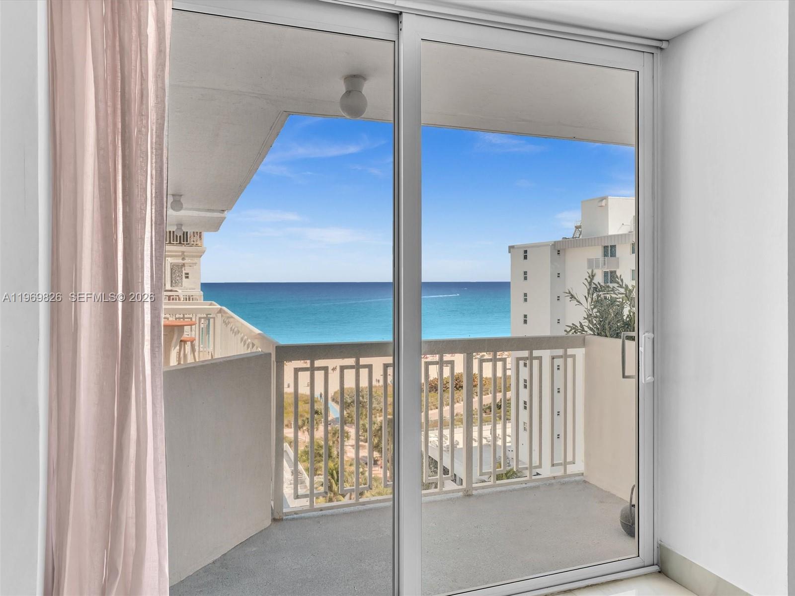 Direct ocean view living in the highly sought-after South of Fifth neighborhood. The only direct ocean view unit currently available in the building, this spacious 538 SF deluxe studio offers stunning sunrise & Atlantic scenery from your private balcony in a true oceanfront building — the ultimate pied-à-terre or year-round dream home. Meticulously renovated with over $100,000 in high-end upgrades, the sleek designer kitchen features striking black quartz countertops, crisp contemporary white cabinetry, and stainless steel appliances. Calacatta porcelain flooring flows throughout the residence, creating a clean, modern feel. The spa-inspired bathroom is finished in matching Calacatta porcelain on the floors and walls, complemented by a contemporary wood-tone vanity, LED mirror, glass-enclosed shower, and modern fixtures. New impact windows frame breathtaking ocean views, and an abundance of closet space enhances comfort. Located in a modernized, secure, gated oceanfront building, with completed 40-year recertification and all special assessments paid. Residents enjoy a brand-new pool deck, heated pool, direct beach and boardwalk access, complimentary beach service with chairs and umbrella, cable and internet included, and a brand new gym coming soon. All of this in the prestigious South of Fifth — and all for well under $500K. You deserve this lifestyle.