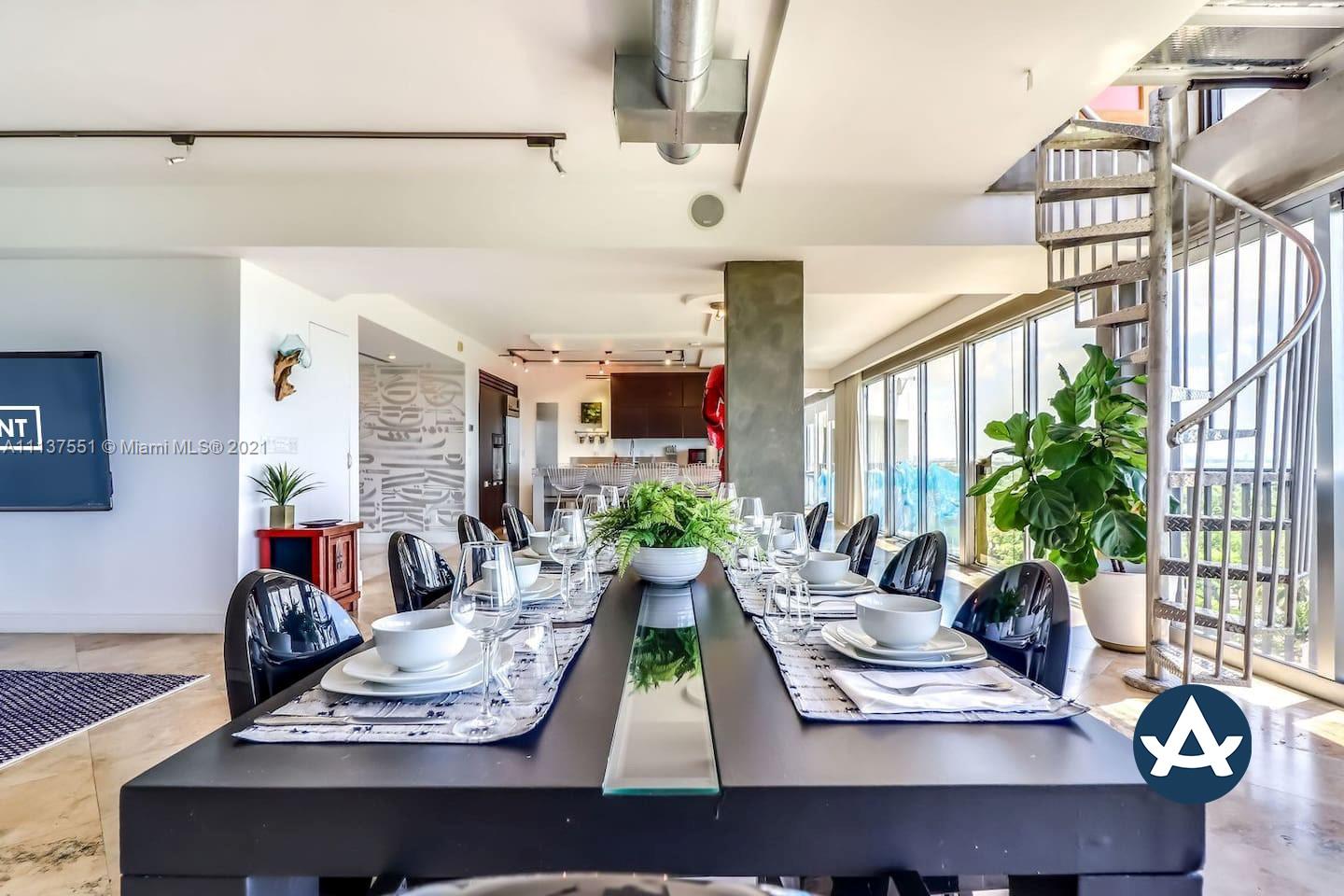 PRICES START AT LIST PRICE.  6 month lease, others considered on a case by case basis. Best penthouse currently available for rent! 3232 SQFT living and 1000+ SQFT private rooftop terrace with hot tub! Featuring high end, unique furniture and design this unit can be rented fully or partially furnished. Unit has 100' of floor to ceiling windows overlooking Biscayne Bay. Penthouse is also equipped with its own in-unit sauna and steam shower. 4th room is a den. Property is centrally located--minutes to Brickell/Downtown, Design District, Wynwood, and South Beach. This is the only condo building in true Morningside. You will feel part of an exclusive, gated neighborhood with one of Miami's best parks on the water.