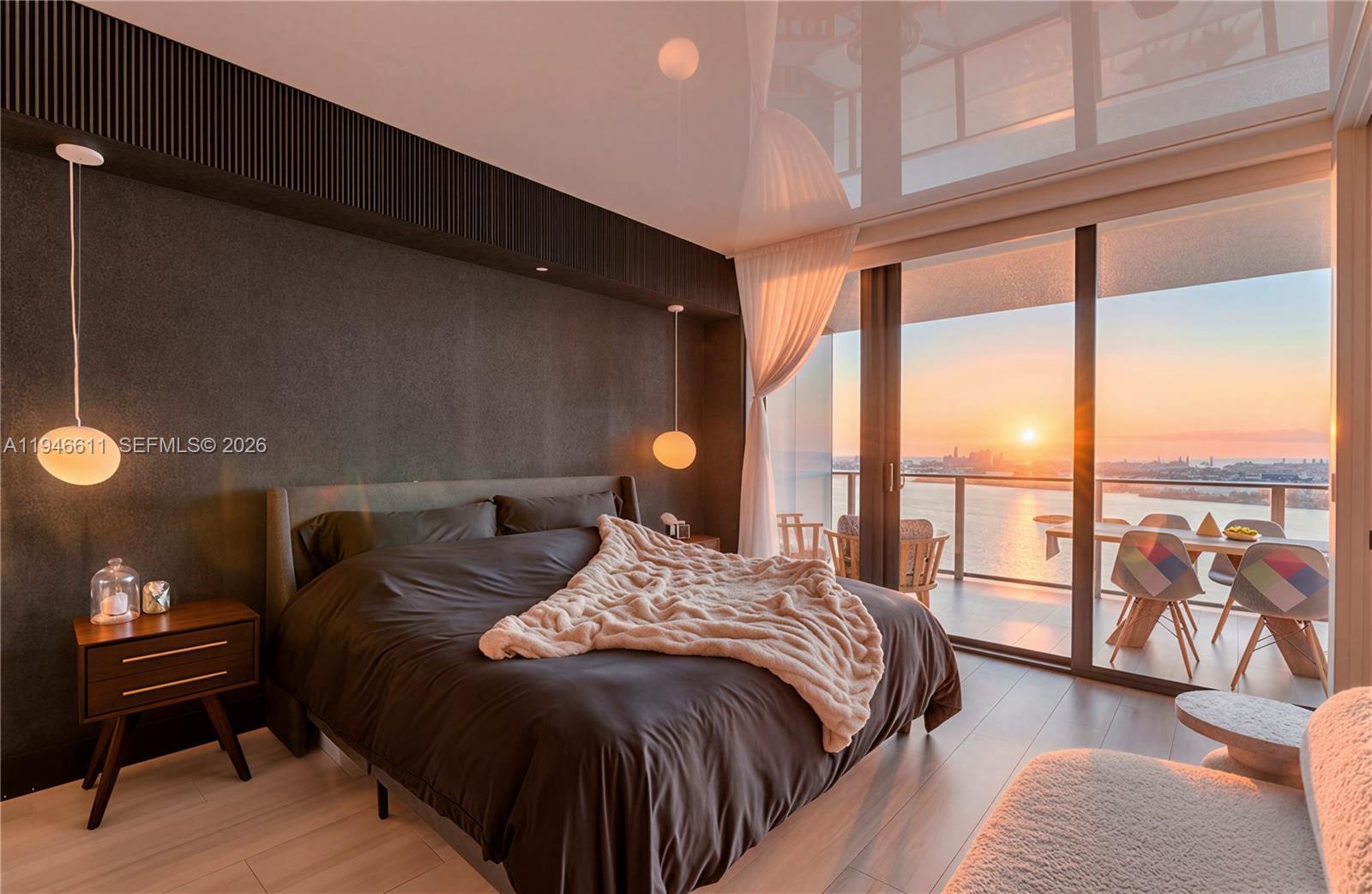 Option to purchase turnkey with furniture negotiable. Designer-styled unit, furniture was professionally curated for the space. Easiest move-in option in the building. Modern aesthetic and distinctive luxury finishes best experienced in person. Enjoy sweeping panoramic views of Biscayne Bay, the Atlantic Ocean, and the Edgewater skyline from an oversized balcony. Thoughtful upgrades include reflective ceilings that make the space feel bigger, custom mood lighting, striking 3D ribbed accent walls, textured Italian wallpaper, bespoke closets, Italian porcelain white oak-wood-look flooring, and one assigned parking space. More resort-style amenities than in surrounding buildings - a two-acre pool deck with a striking 100’ round pool, spas, tennis courts, bowling alley and a state-of-the-art fitness center. Social and lifestyle spaces include club rooms, indoor and outdoor kitchens, cigar and wine rooms, game rooms, barbecue areas, putting green, golf simulator, FREE daily fitness classes, and more.