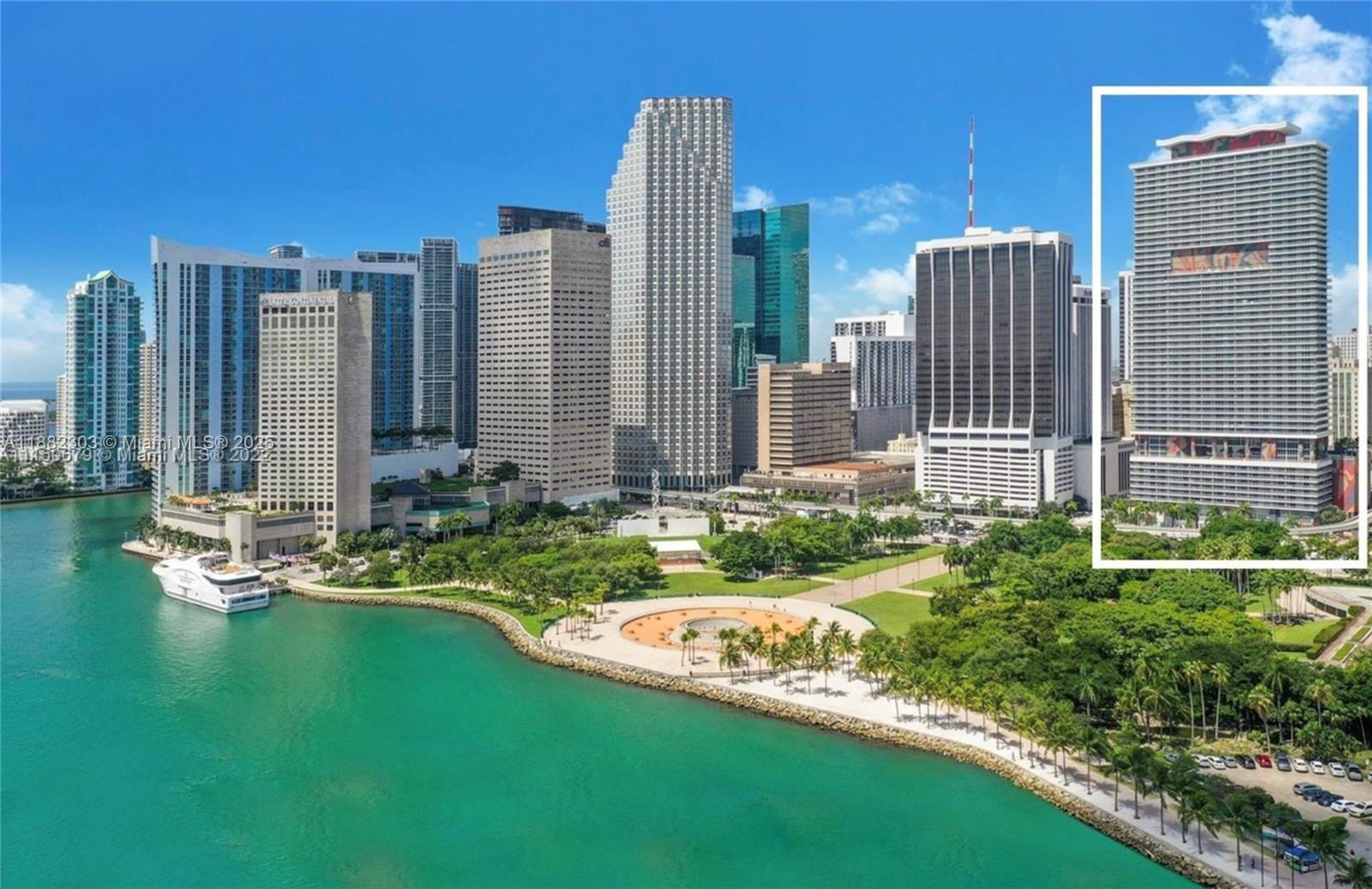 SKY VIEW!! Beautiful studio at 50 Biscayne featuring elegant white wood floors and floor-to-ceiling windows with spectacular city and partial bay views. Prime Downtown location in the heart of the business district,  walking distance to Bayfront Park, Bayside, Kaseya Center, offices, shopping and dining. Open kitchen with granite countertops and stainless steel appliances, spacious bath, walk-in closet, washer/dryer and private balcony. Full-service building with luxury pool deck, state-of-the-art gym, spa, yoga room, concierge, valet and more. Available for immediate occupancy.