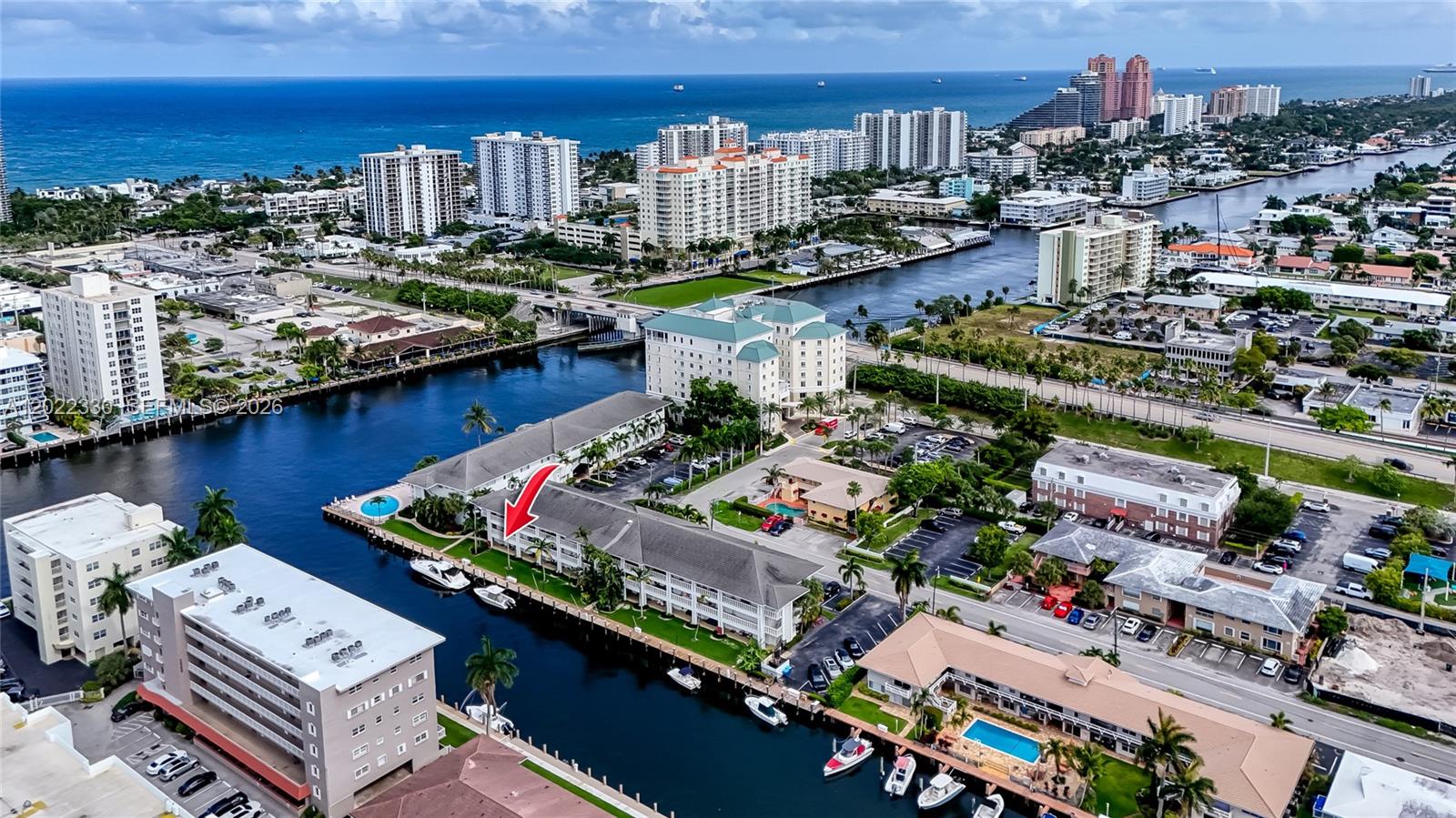 Rare opportunity to live smack on the waterfront overlooking your EXCLUSIVE ASSIGNED 49’ DOCK.  Beautiful renovated corner 2 bedroom 2 bathroom with 3 exposures and spectacular water views in perfect mid century building on an intracoastal point in prestigious Coral Ridge. Walk everywhere including beach, restaurants, and shops.  Low HOA. (Smoke free building)