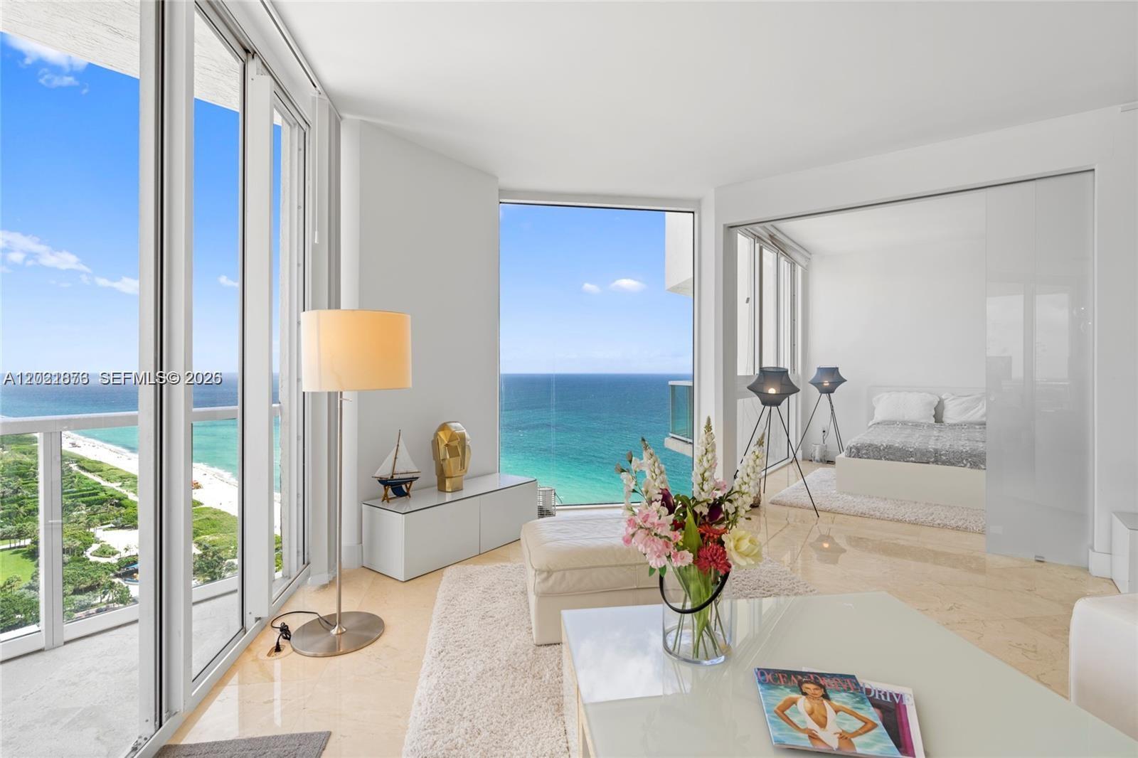 This penthouse condo sits steps from the beach, boardwalk, and the stunning Ocean Terrace Park. Breathtaking 180° Miami Beach views. 2 bedrooms and 2 ensuite baths plus 2 large balconies perfect for enjoying sunrises, sunsets, and the ocean breeze. Crema Marfil marble floors throughout, PH level high ceilings, floor to ceiling windows, picture window, and water views from every room. Amenities include a front desk attendant, covered parking, fitness center, an ocean-view pool, jacuzzi, and BBQ area. Walk to beach service, a renowned wellness center and spa, boardwalk, groceries, boutique shopping, salons, cafes, restaurants, and multiple parks offering tennis, volleyball, beach paddle, and more.