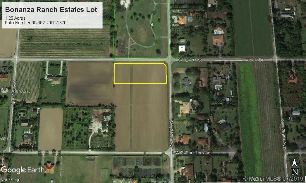 Perfect opportunity to purchase a buildable corner lot in the much desired Bonanza Ranch Estates area of The Redland. Located directly across Bonanza Ranch Estates Park with walking trail, basketball court and play gym. Get out of the rat race and enjoy peace, quiet and open air. Close to Fruit and Spice Park, Schnebly's Winery and Homestead General Airport. 15 Min drive to Homestead Business and Cutler Bay Business Districts, shopping, schools and major arteries. The adjoining lot on the south side, Folio No 30-6821-000-2640 also available for $155,000. Buy one or both. Property being sold to settle an estate.