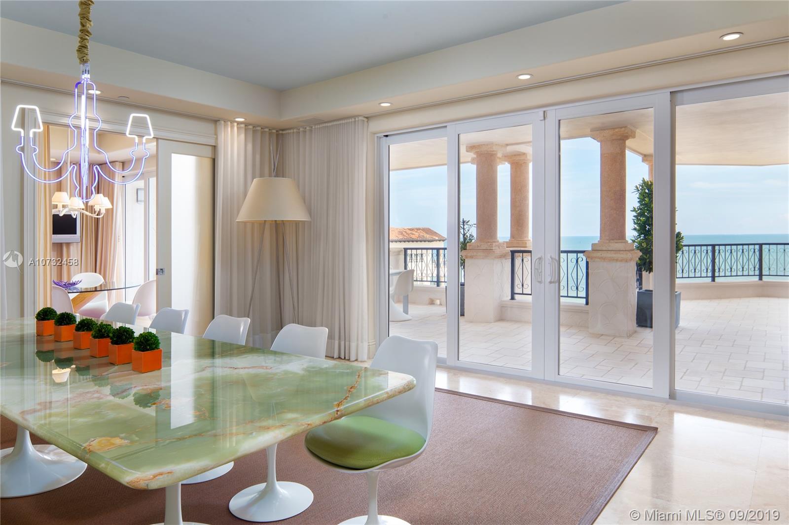 Oceanside spacious and bright open floorplan.  Features 5 bedrooms and 5.5 baths  with large gourmet Snaidero kitchen and Gaggenau appliances.  Direct ocean views with 5 separate terraces and a jacuzzi, create views from Government Cut, Miami skyline sunset views and South Beach.