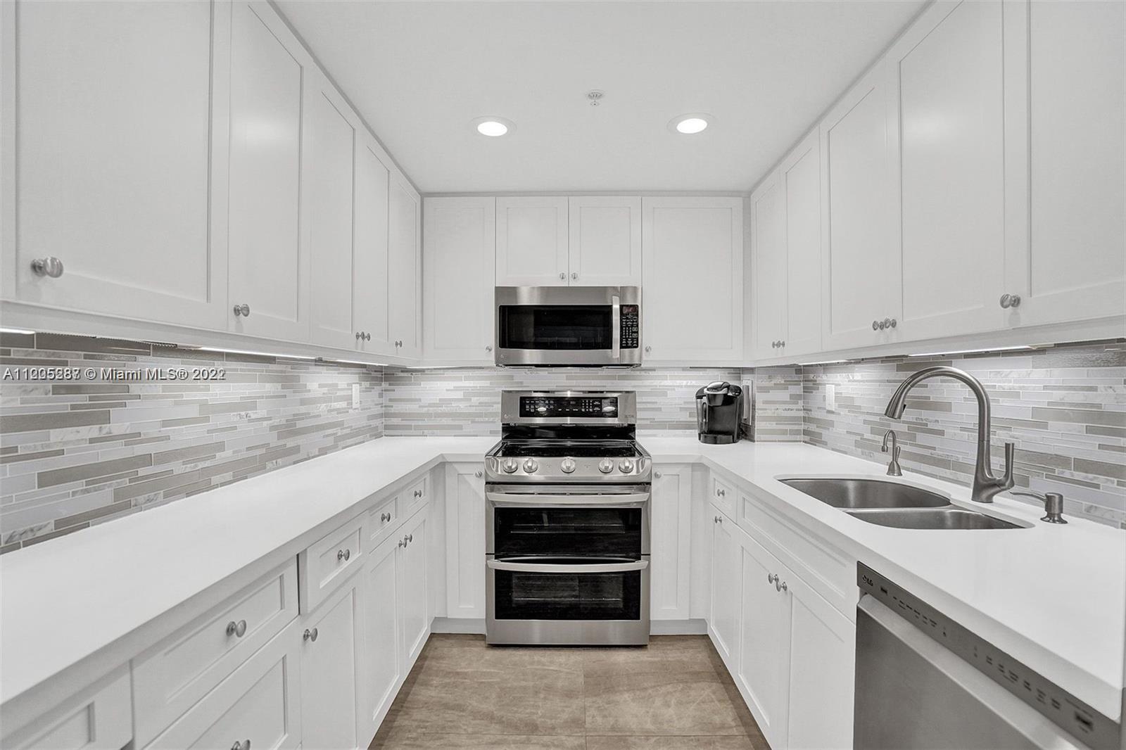 Furnished turnkey unit ready for move-in. This renovated unit has been completely redone & is ready to be lived in. 48 x24 Ceramic Tile floors throughout, walk-in & build-out closets, Remote shades & window treatments. LG stainless steel appliances, double oven & convection microwave above stove. Bathroom is a renovated spacious shower stall w/handles, Hurricane impact floor-to-ceiling windows leading to the balcony. One assigned parking space included. The building was completely renovated with all required building certifications, updated common areas elevators, lobby, gym, lounge and pool area. This is a waterfront building nestled in the renowned Coral Gables Waterway with 24-hour secure doorman & concierge service, very well maintained building w/ impeccable service.