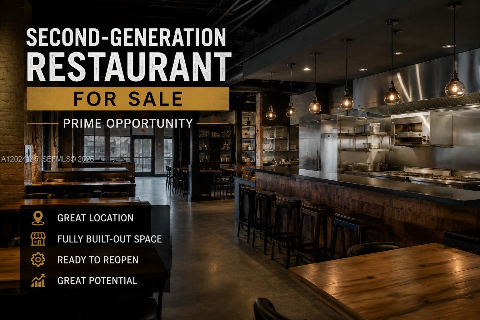 Second-generation restaurant for sale, currently closed and ready to be reopened. This is an excellent opportunity for investors or entrepreneurs looking to launch a new dining concept with an existing operational setup already in place. The space is well-prepared for immediate startup and offers great potential for a variety of cuisines and business models. Prime location with strong opportunities for growth and success. CALL US ANYTIME, WE PICK UP!!
