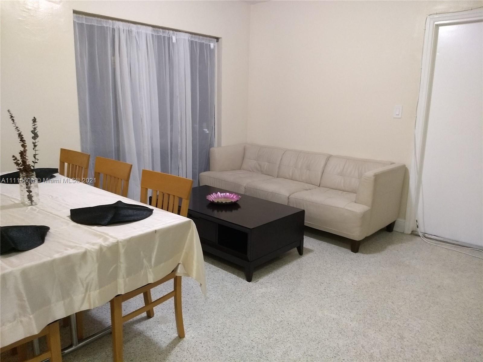 Mid to long term rental in the heart of Little Havana! Cute, spacious, fully furnished 2/1 w/amenities. Walking distance from restaurants, galleries, boutique stores, bars & grocery stores. Open balcony, spacious living area & a fantastic location! Close to MIA airport, Downtown, Wynwood, South Beach. Full size kitchen: fridge/freezer, range/oven, microwave, coffee maker & ample counter space. Dining table for 6, full size leather couch, coffee table & TV table w/smart Roku TV. Each bedroom has a queen size bed, night table w/lamp & a chest of drawers and closet. Includes bed/bath linens, dishes, glassware, pots/pans, cooking utensils, WiFi, water. 1 assigned parking spot, 2 spots first come first serve & street parking. Please no pets, no smoking of any kind, no parties.