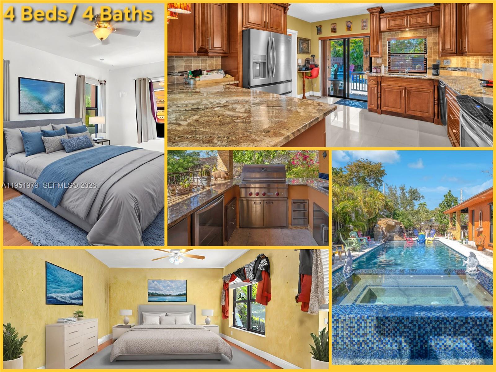 RSVP Beautiful single-family home located in Highland Lake & Gardens, 5 min from Aventura Mall, offering the perfect blend of comfort and outdoor living. This one-story residence sits on a generous 10,216 sq ft Corner lot and features 4 bedrooms, 3 full bathrooms, and 1 half bath, with 3,129 sq ft Actual area. Full house hurricane impact windows.  The home boasts a spacious open-concept layout ideal for entertaining, with a gourmet kitchen that flows seamlessly into the living and dining areas. Enjoy your own private backyard fully renovated oasis featuring a sparkling heated pool ( With saltwater) waterfall feature, jacuzzi, and a covered BBQ area with built-in grill, countertop and bar—perfect for gatherings and weekend entertaining. The beautifully landscaped yard offers ample space for relaxation and outdoor enjoyment. A fantastic opportunity to own a well-appointed home in a desirable location close to shopping, dining, and major roadways.
