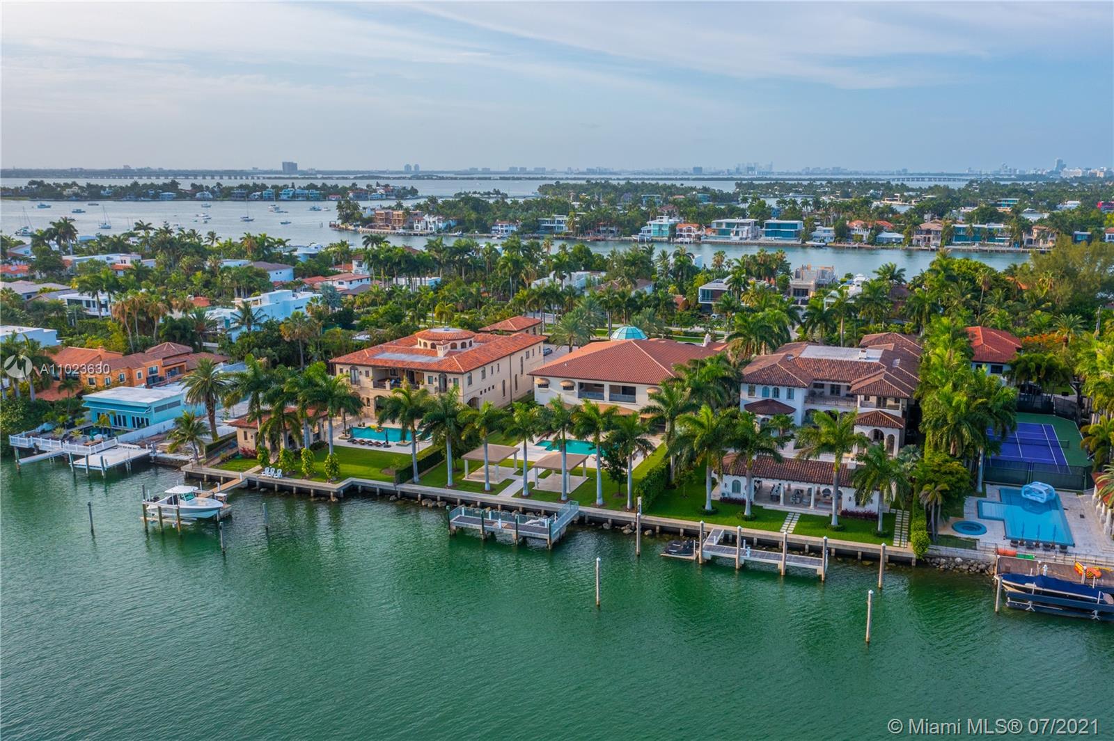 Welcome to the prestigious 198 Palm Ave, Built in 2016 This luxurious property is situated on a 30,000 Sq/ft Lot on Palm Island. Being one of the largest lots on the palm island, new owners can enjoy 100 ft of ocean frontage over looking the immaculate Downtown Miami Skyline. Enjoy this Mediterranean inspired 14,000 sq/ft home which includes 6 bedrooms, 8.5 independently designed bathrooms, spacious 4 car garage. Top of the line amenities include a spa with large steam sauna, an exercise room including jacuzzi, Complete Bar downstairs with spacious temperature controlled wine cellar. The backyard features a large 20x40 heated pool, a large covered terrace with S/S complete BBQ installation. Enjoy the quiet breeze while sitting under one of 2 large gazebos overlooking the ocean.