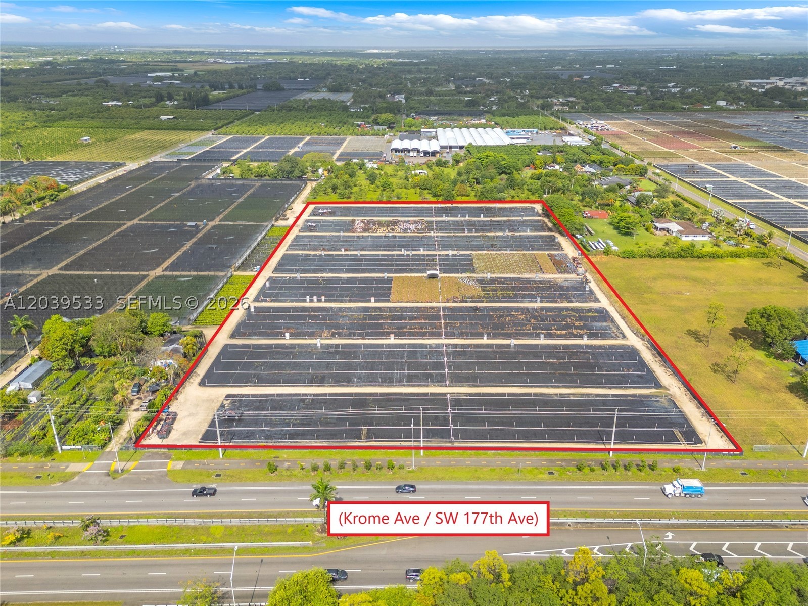 9.606-Acre Turnkey Nursery Property Available for Lease — Krome Ave & SW 265th St — Exceptional leasing opportunity on one of Miami-Dade's most traveled agricultural corridors. This fully built-out nursery property spans nearly 10 acres and is ready for immediate operation, featuring an established irrigation/sprinkler system that conveys with the lease.  —  Enjoy outstanding exposure with approximately 500 feet of frontage along Krome Avenue, offering high visibility and easy access for customers, vendors, and deliveries. Whether you're an established grower or expanding your operation, this turnkey property checks every box.

Contact listing agent for lease terms and availability.