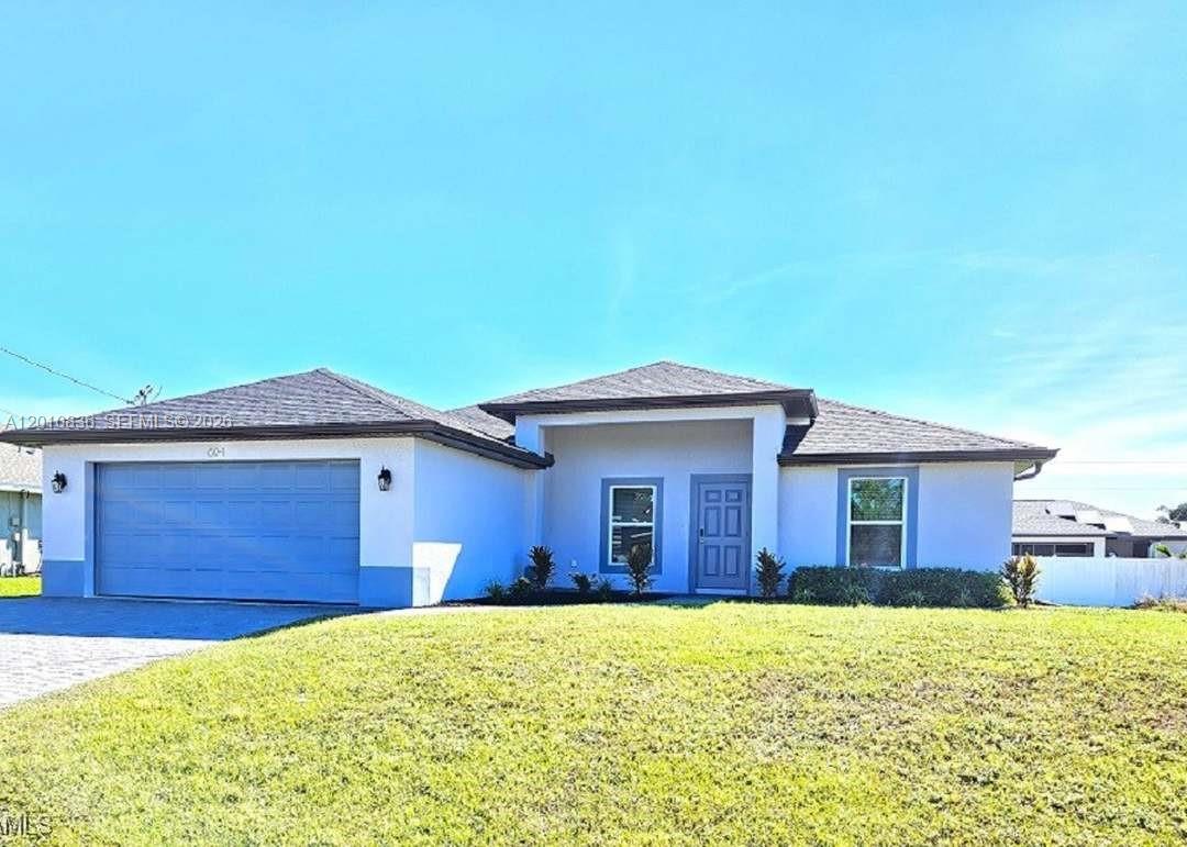 Beautiful 2022-built single-family home located in the growing area of NW Cape Coral! This 3-bedroom, 2-bath residence sits on a spacious 10,000 sq ft lot and features a modern open-concept layout with porcelain tile flooring throughout. The kitchen offers sleek finishes, stainless steel appliances, and ample cabinet space. The primary suite includes a stylish bathroom with glass-enclosed shower. Plenty of room for a future pool. No HOA and great opportunity for homeowners or investors!