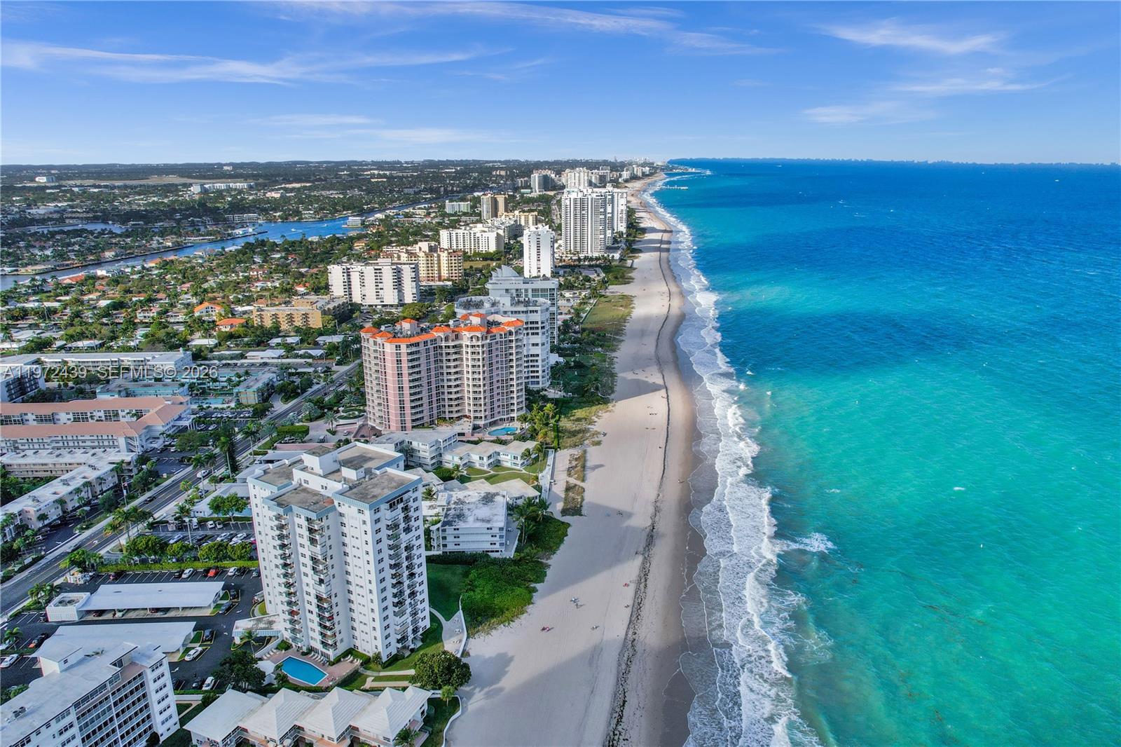 This is the best of both worlds with Northern and Southern exposure to the Atlantic Ocean! Nicely furnished unit with 1250sf plus private Washer/Dryer. Southern ocean views from BOTH bedrooms plus balcony (largest in bldg. 12x10) has Northern ocean views and ICW views perfect for Amazing sunsets and the Winterfest Boat Parade! Completely updated with crown molding and polished Marble flooring in living areas.  Both bathrooms completely updated just over a year ago with combined tub in one and standing shower in the other.  Open kitchen with granite counters, wood cabinets, and built-in wine rack.   Entire unit has impact glass windows and impact sliders to the balcony plus accordion shutters on the railing for added convenience. 
Located between emerging Pompano Beach Fischer Family Pier & Lauderdale By-the-Sea Pier.  Close proximity within 15 min or less of Boat Launch, Pompano Airpark, Equestrian Park, Dog park, Golf courses, parks, Concert venues (Amphitheater/Galuppi's), Sea Watch Rest., Sea Ranch Lakes Publix shopping center, Water Taxi stop & much more.  Take a ride on the CIRCUIT to the nightly live entertainment and rest. on El Mar drive & Commercial Blvd.  Short drive to Ft Laud airport, nearby places of worship (St. Gabriels, Assumption, St. John the Baptist and Chabad Lubavitch), and (Holy Cross/Imperial point). This unit comes with an Assigned COVERED parking space. Rentals allowed after the first yr with a 3 mo. min. and twice a year. Agents read Broker remarks